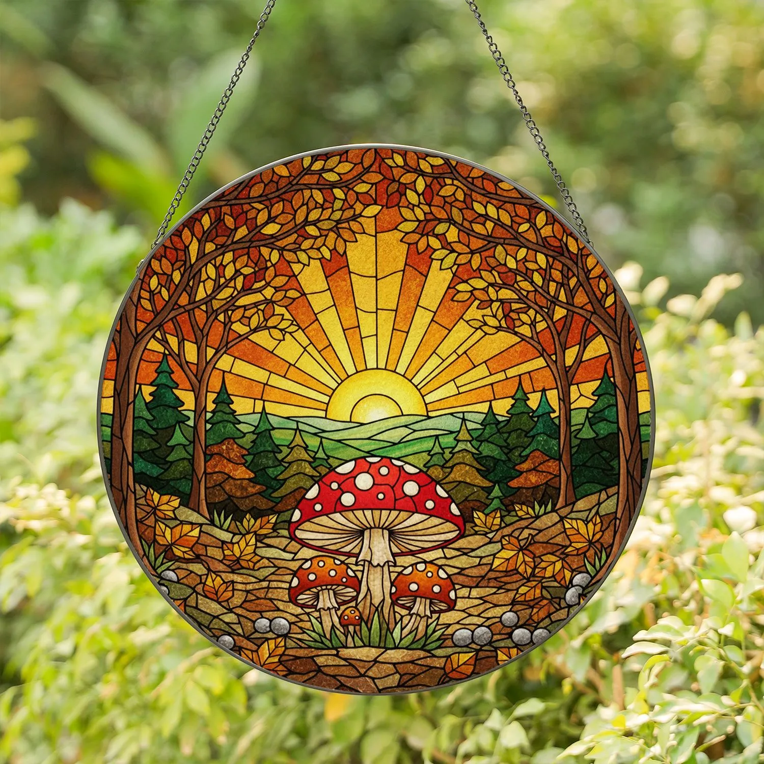 Detailed Toadstool Mushroom Forest Tiffany Stained Glass - Autumn Leaves Sunset Hills Landscape Stained Glass Suncatcher - 1
