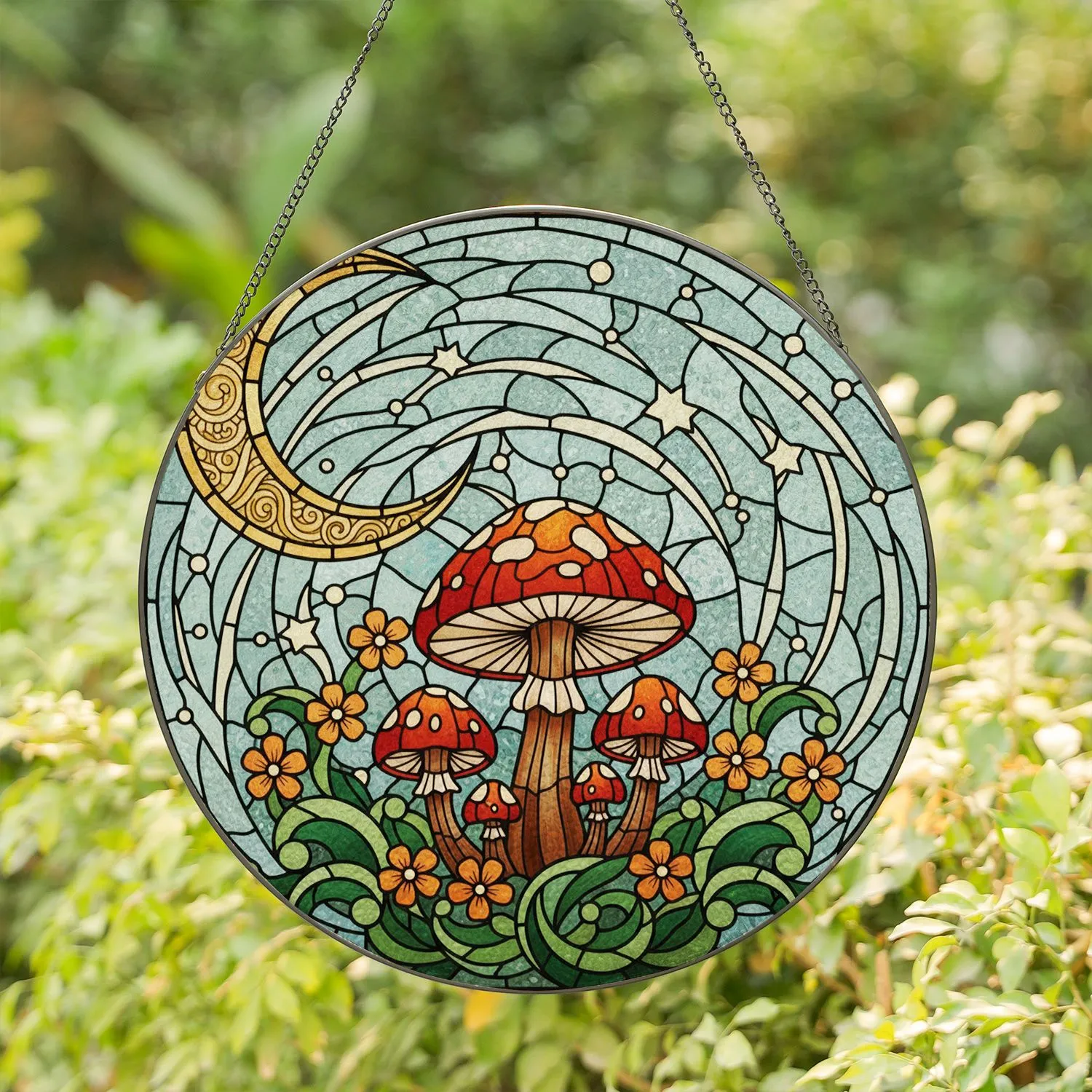 Mushroom Golden Crescent Moon Stained Glass Art - Tiffany Style Green Foliage Flowers Stained Glass Suncatcher - 1