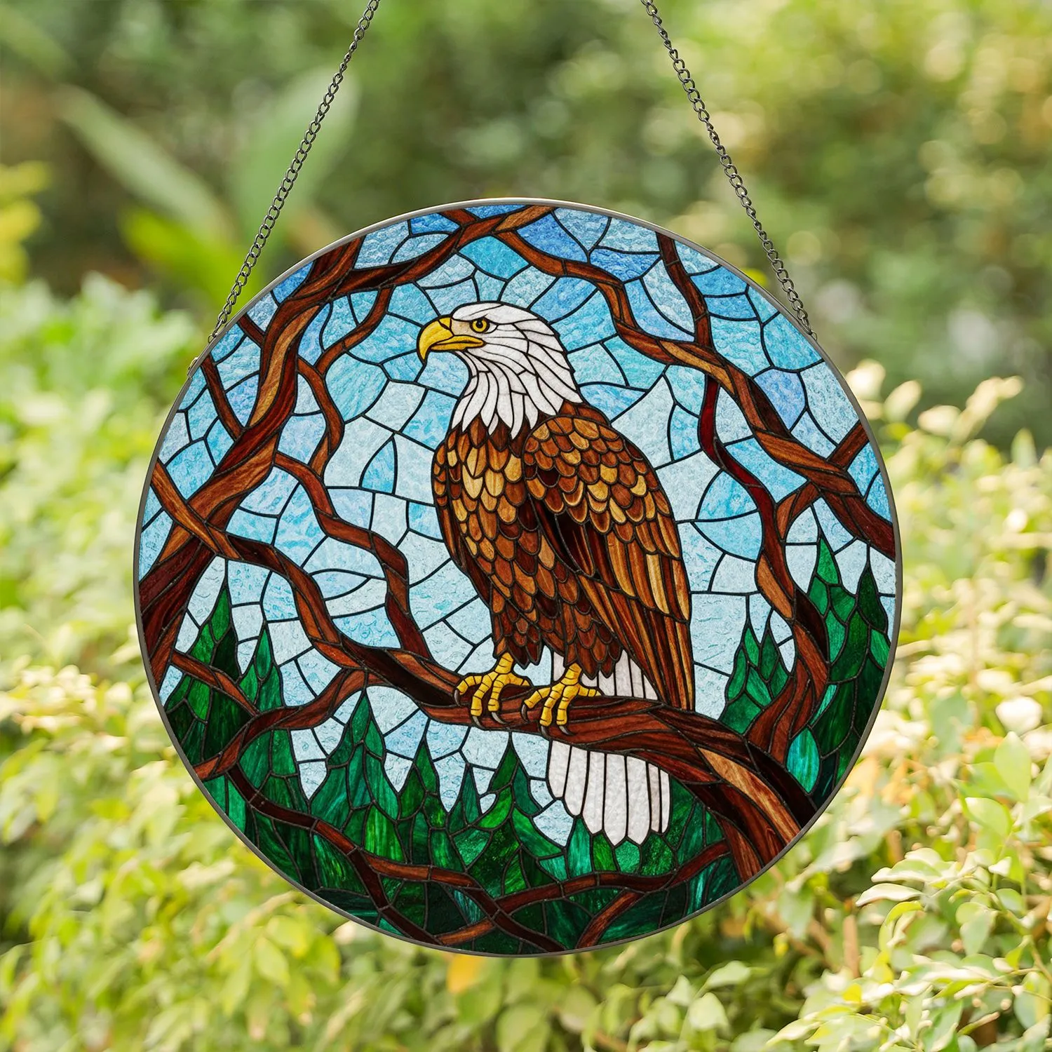 Bald Eagle Perched Branch Stained Glass Mosaic Art - Tiffany Style Jewel Tone Window Decor Stained Glass Suncatcher - 1