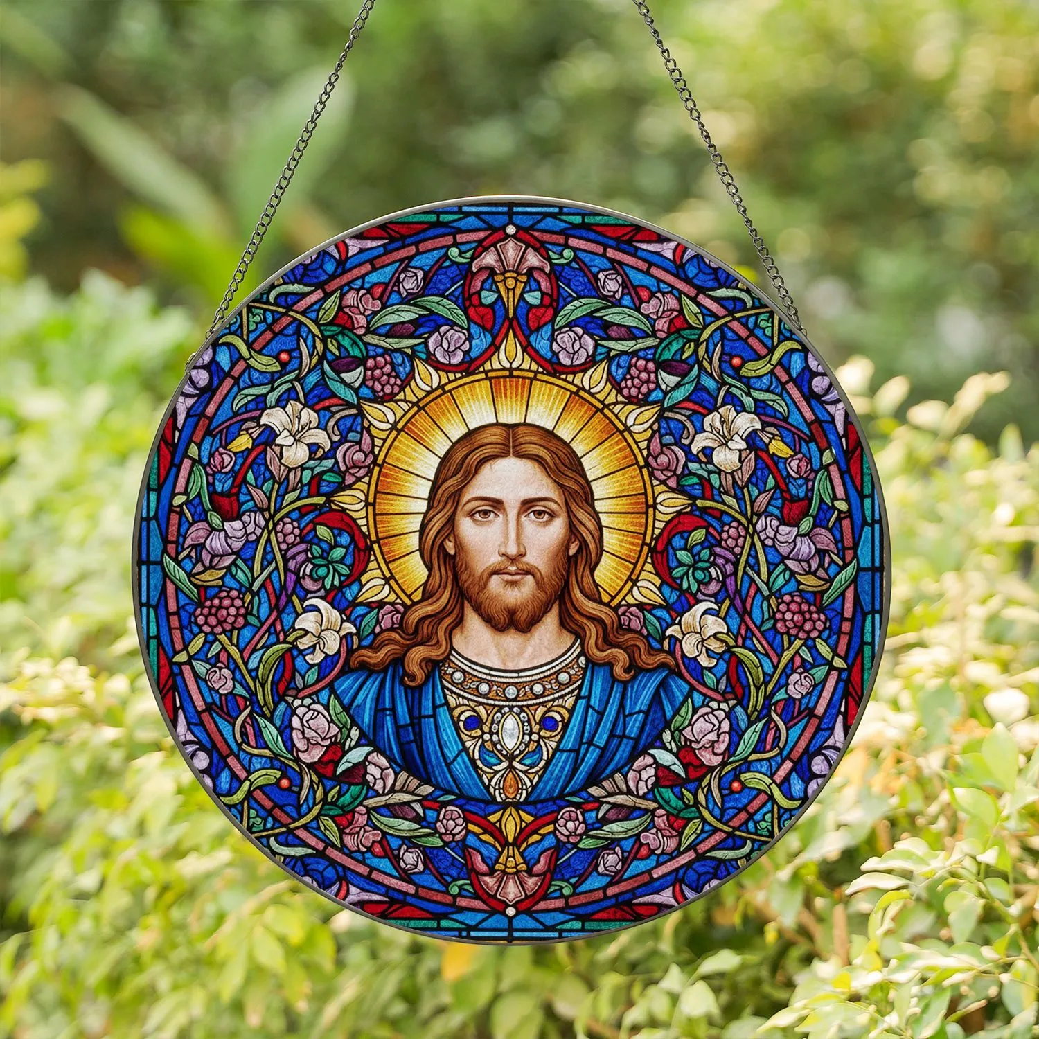 Jesus Christ Stained Glass Tiffany Style Portrait - Golden Halo Intricate Patterns Gift Stained Glass Suncatcher - 1