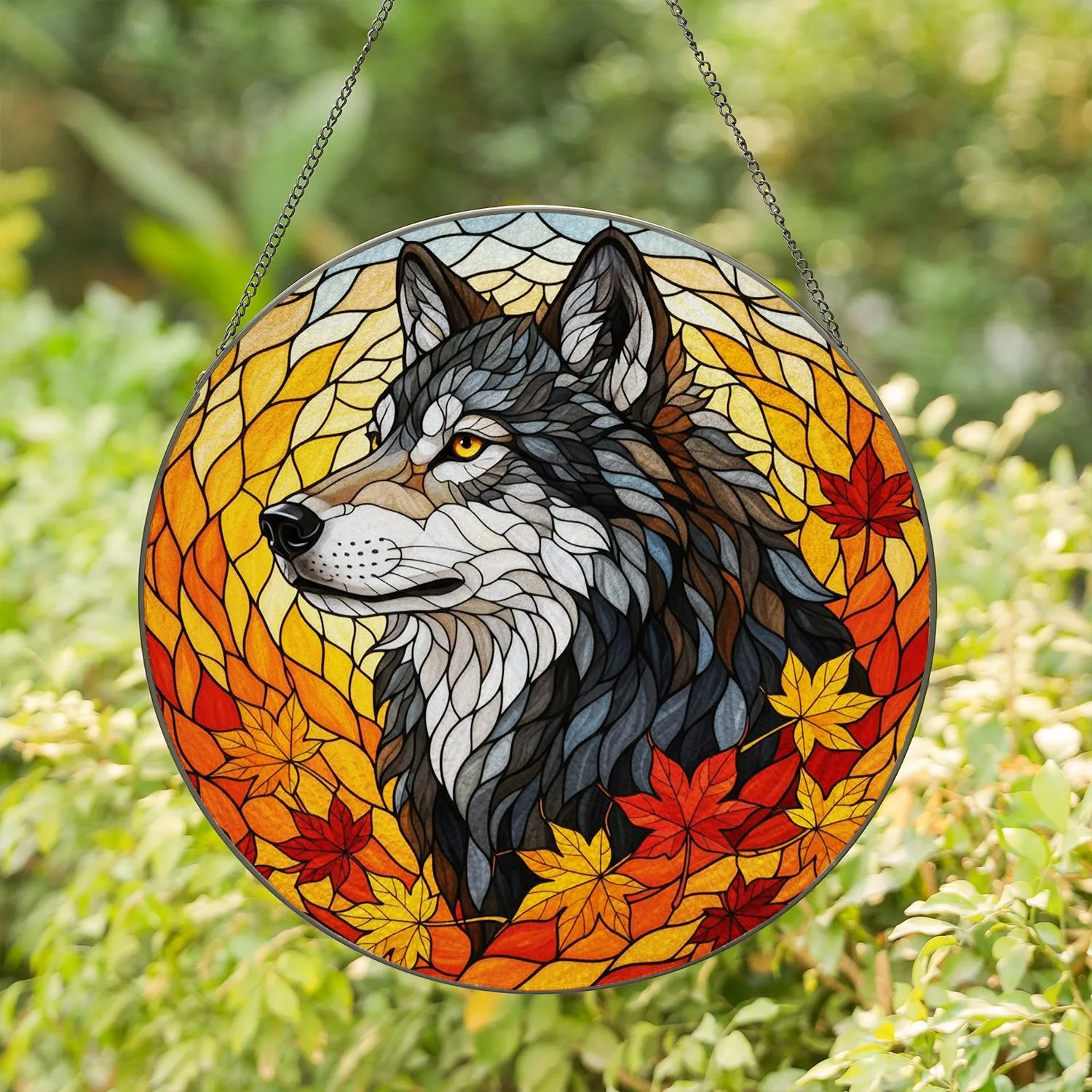 Majestic Wolf Head Autumn Leaves Stained Glass Art - Tiffany Style Home Decor Gift Stained Glass Suncatcher - 1
