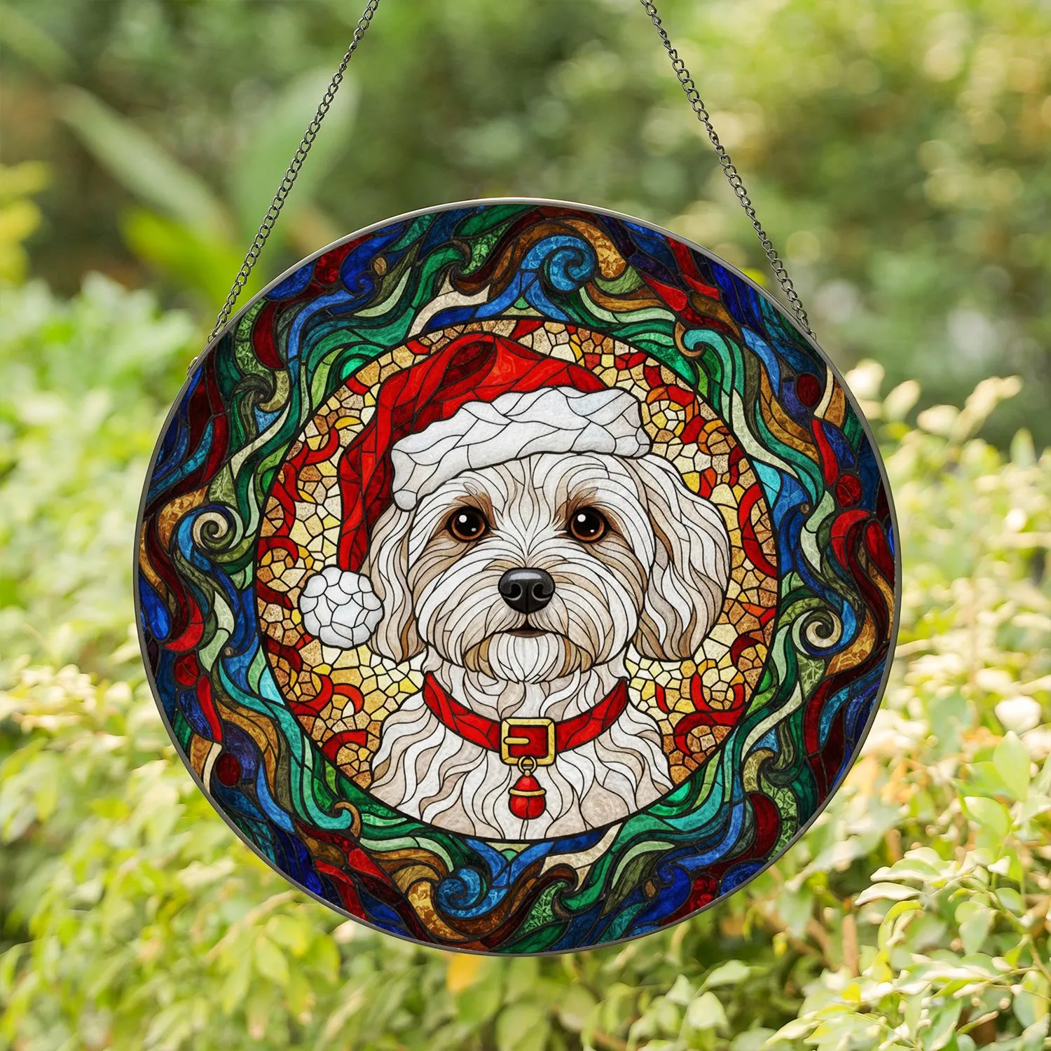 Fluffy White Maltese Maltipoo Dog Portrait Stained Glass Santa Hat Christmas Holiday Gift Stained Glass Suncatcher - 1