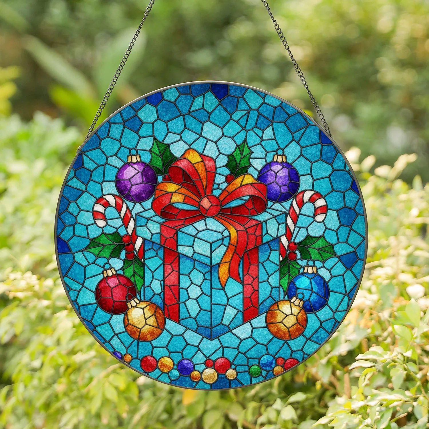 Christmas Gift Box Baubles Holly Candy Cane Tiffany Stained Glass - Festive Holiday Gift Stained Glass Suncatcher - 1