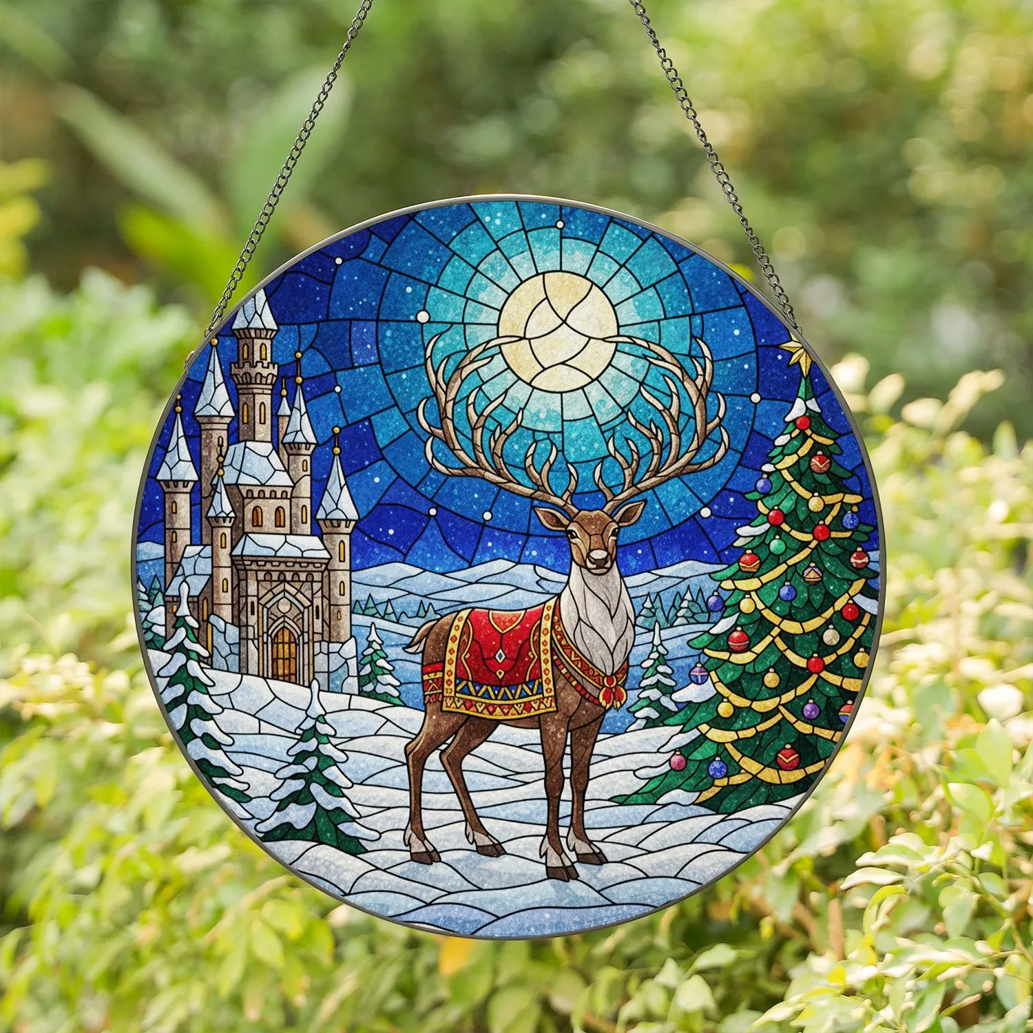Majestic Reindeer Snowy Castle Christmas Tree - Tiffany Glass Winter Holiday Decor Gift Stained Glass Suncatcher - 1