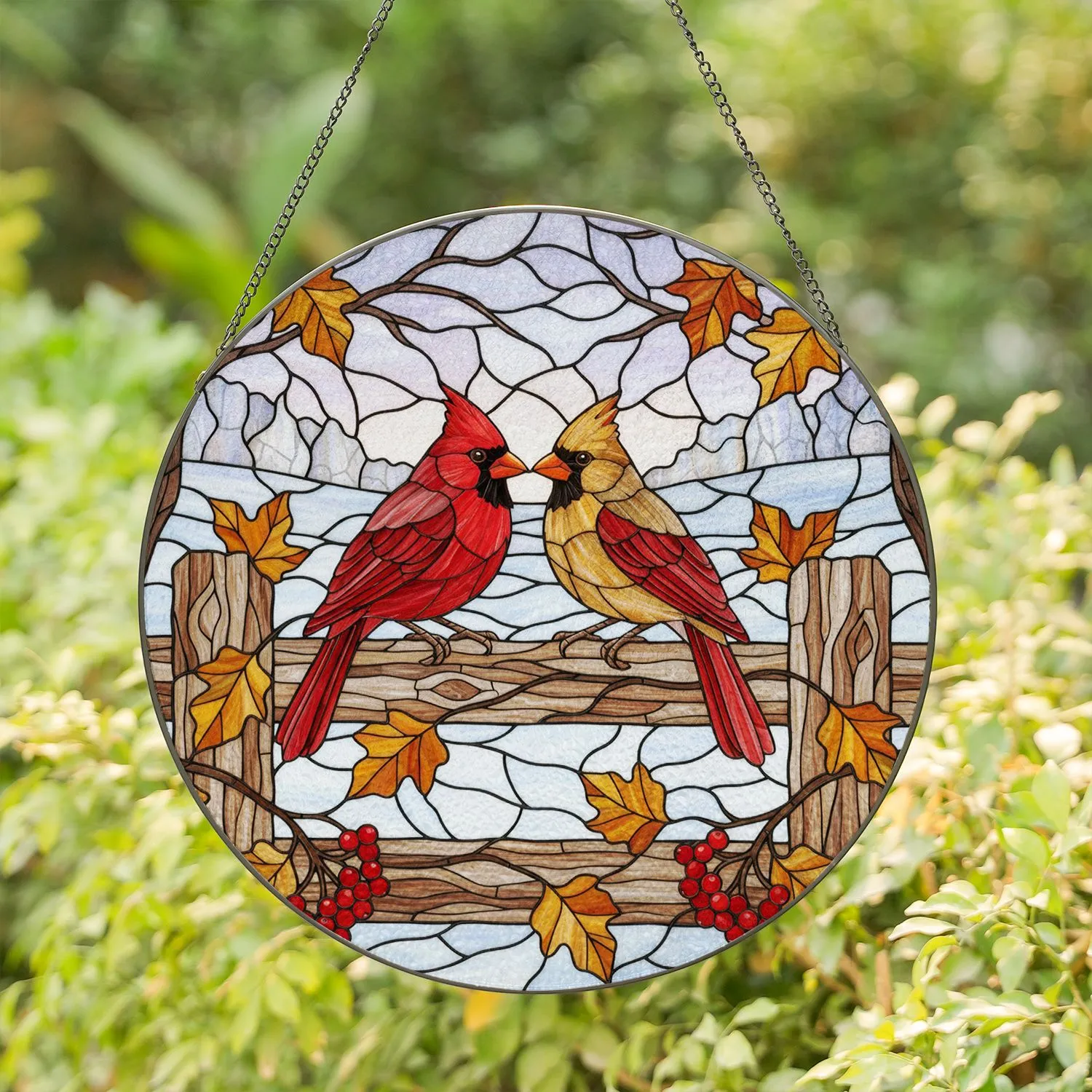 Male Female Cardinals Stained Glass Art, Winter Berries Autumn Leaves Winter Landscape Decor Stained Glass Suncatcher - 1