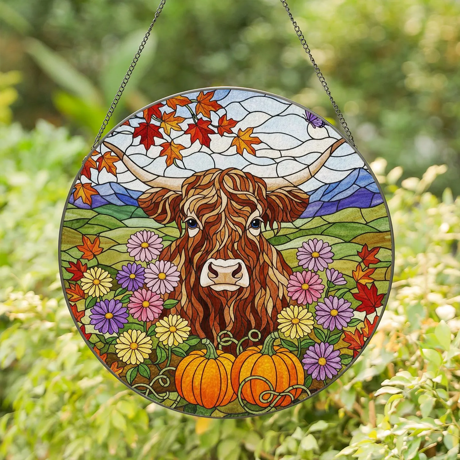 Fluffy Shaggy Cow Head, Autumn Flowers, Pumpkins & Leaves - Tiffany Style Glass Art Stained Glass Suncatcher - 1