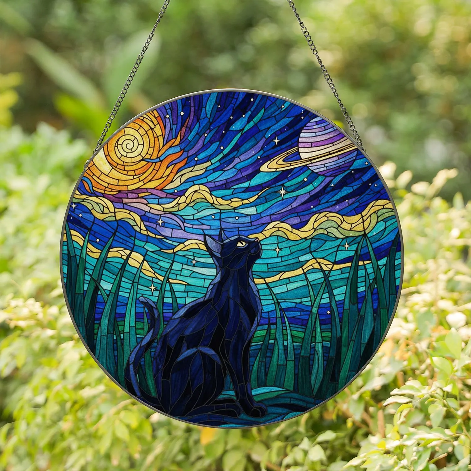 Black Cat Stained Glass Celestial Night Sky Moon Stars Tiffany Van Gogh Inspired Art Stained Glass Suncatcher - 1