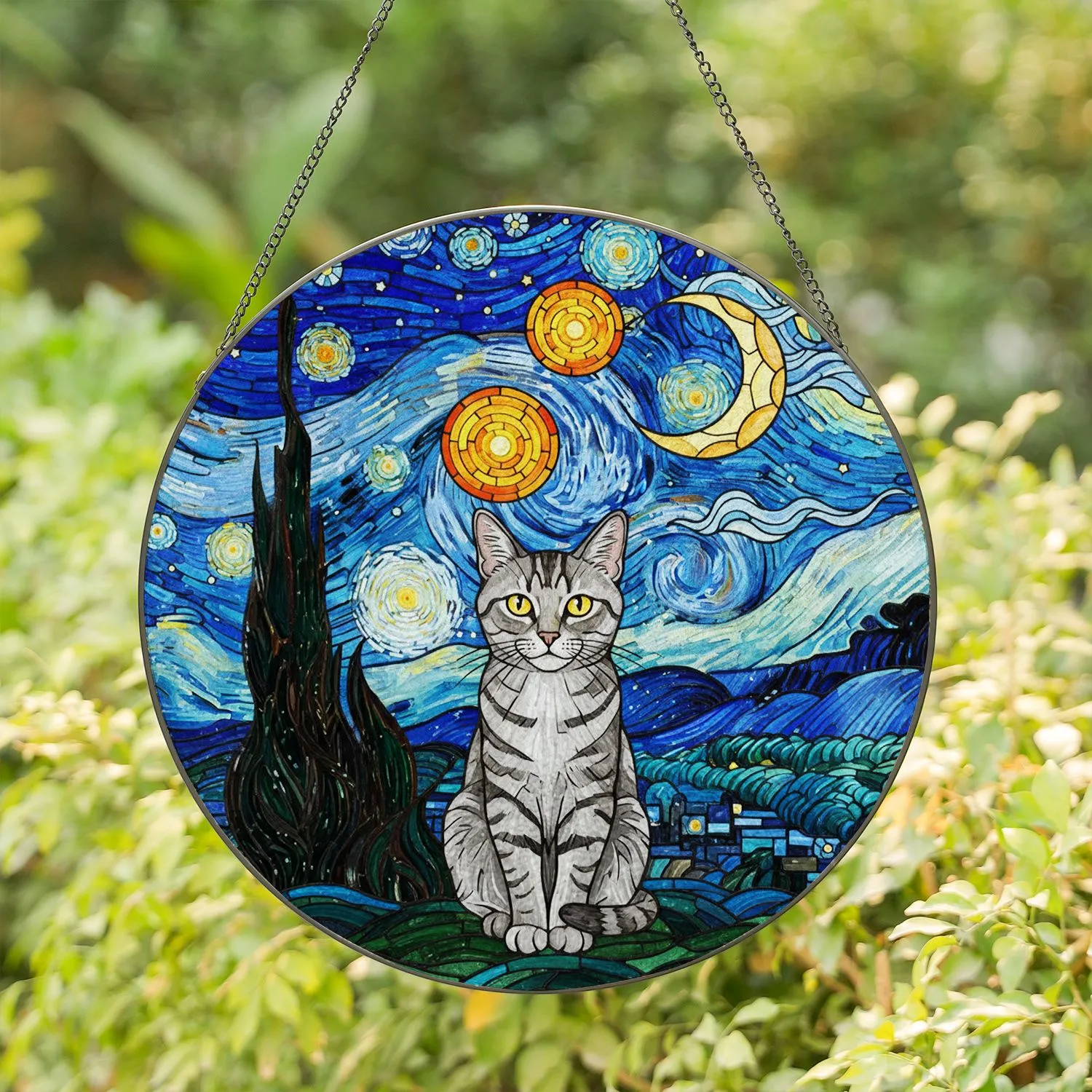 Light Gray Tabby Cat Van Gogh Night Sky - Cypress Tree Crescent Moon Luminous Stars Stained Glass Suncatcher - 1