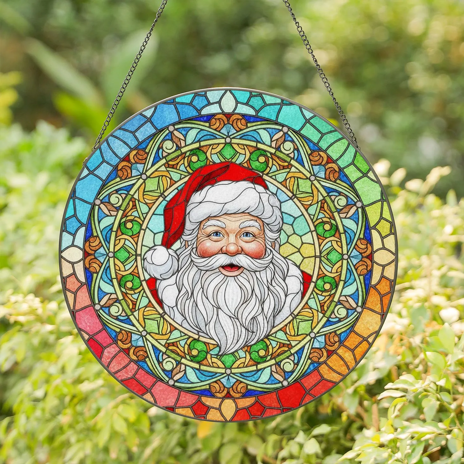 Jovial Santa Claus Stained Glass Mosaic Art - Tiffany Style Christmas Holiday Decor Stained Glass Suncatcher - 1