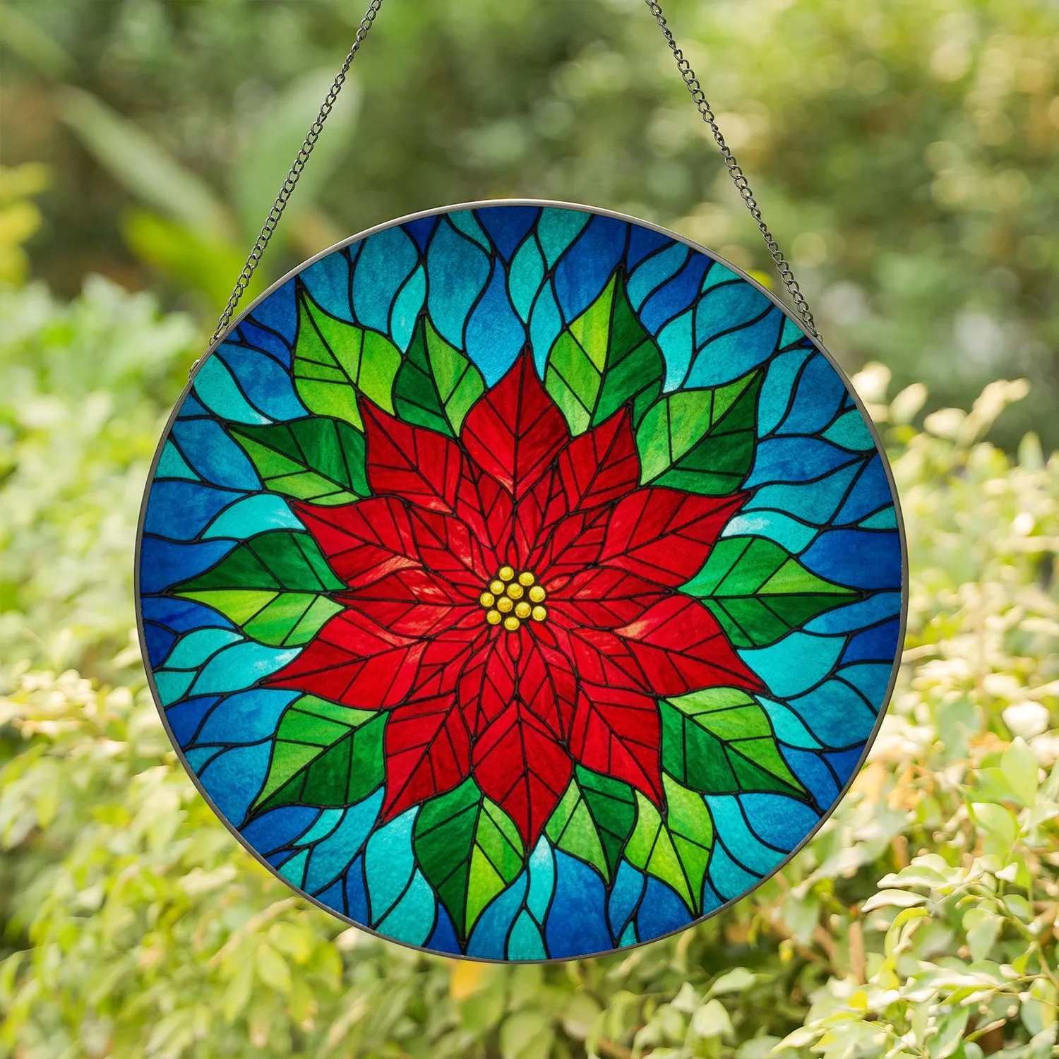 Radiant Poinsettia Tiffany Stained Glass Jewel Tone Mosaic - Christmas Holiday Decor Stained Glass Suncatcher - 1