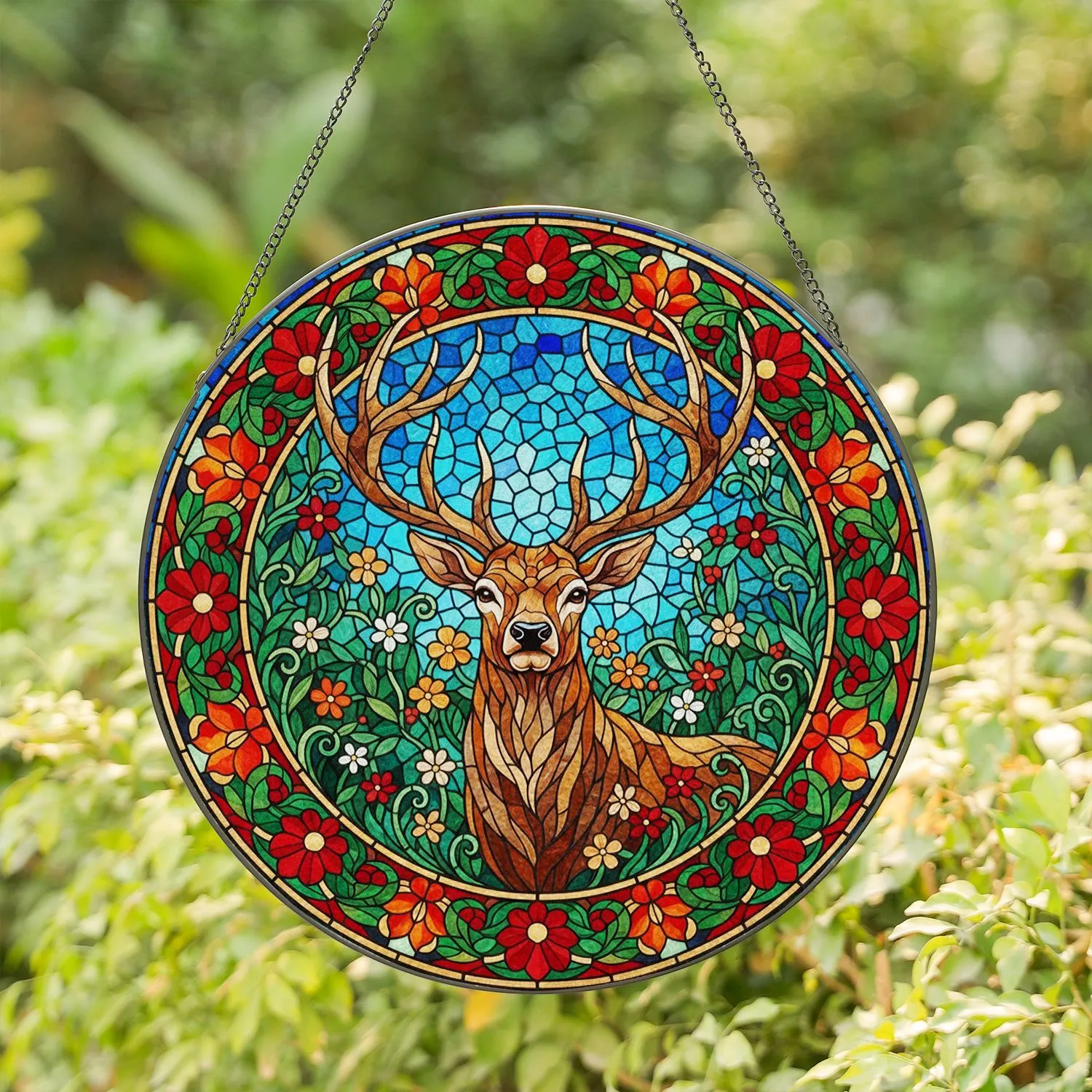 Tiffany Glass Stag Forest Mosaic - Intricate Antlers & Jewel Tone Nature Art Stained Glass Suncatcher - 1