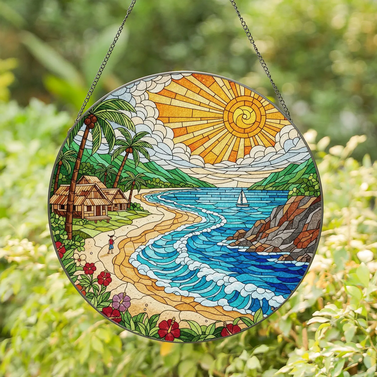 Stained Glass Style Tropical Beach Ocean Waves Palm Trees Mountain Scene Radiant Sun Art Stained Glass Suncatcher - 1