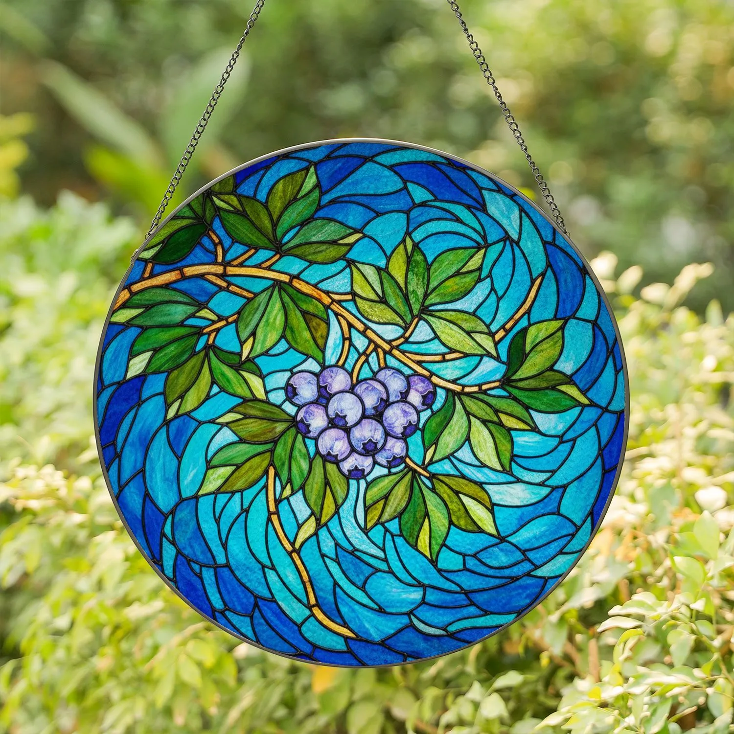 Blueberry Stained Glass Art - Tiffany Style Mosaic Vine & Leaf Pattern Translucent Jewel Tones Stained Glass Suncatcher - 1