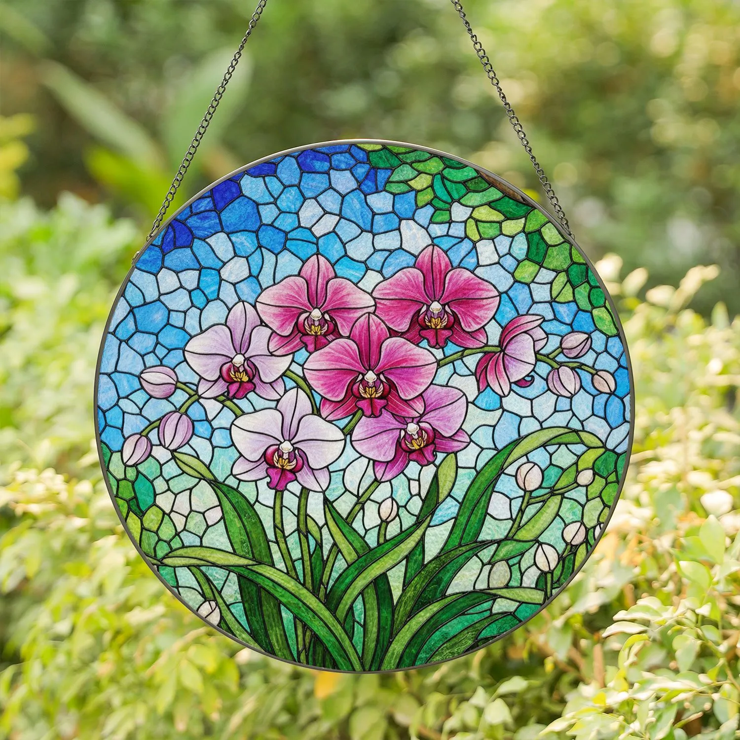 Blooming Orchid Flowers Stained Glass Mosaic - Tiffany Jewel Tone Intricate Window Art Stained Glass Suncatcher - 1