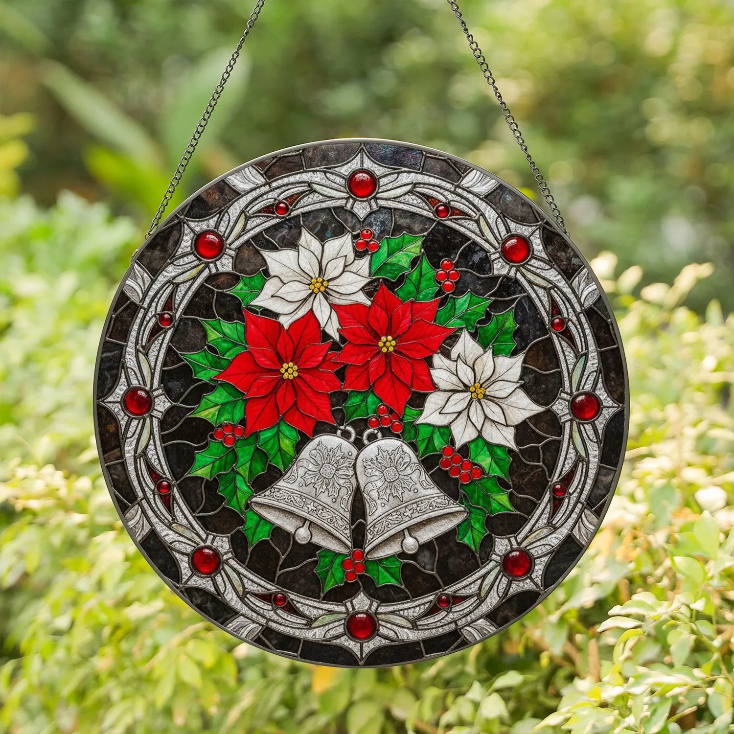 Stained Glass Poinsettia Christmas Bells Holly Berry Mosaic Jewel Tone Holiday Decor Gift Stained Glass Suncatcher - 1
