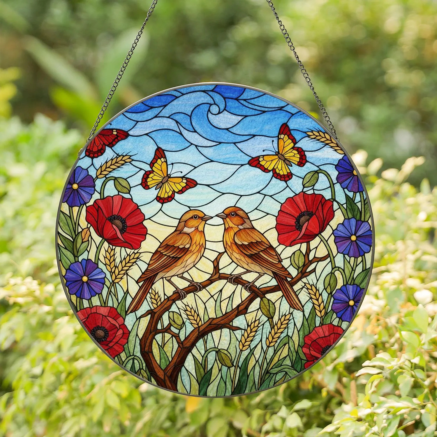 Tiffany Stained Glass Songbirds Wildflowers - Intricate Jewel Tone Butterfly Mosaic Art Stained Glass Suncatcher - 1