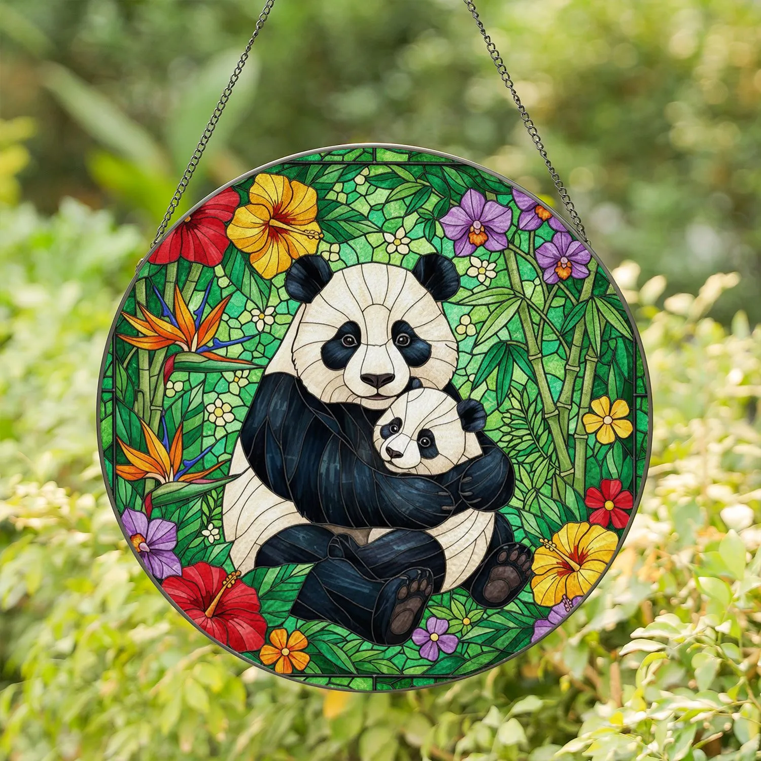 Adult Panda Cub Embrace Tiffany Stained Glass Tropical Jungle Flowers Jewel Tone Art Stained Glass Suncatcher - 1