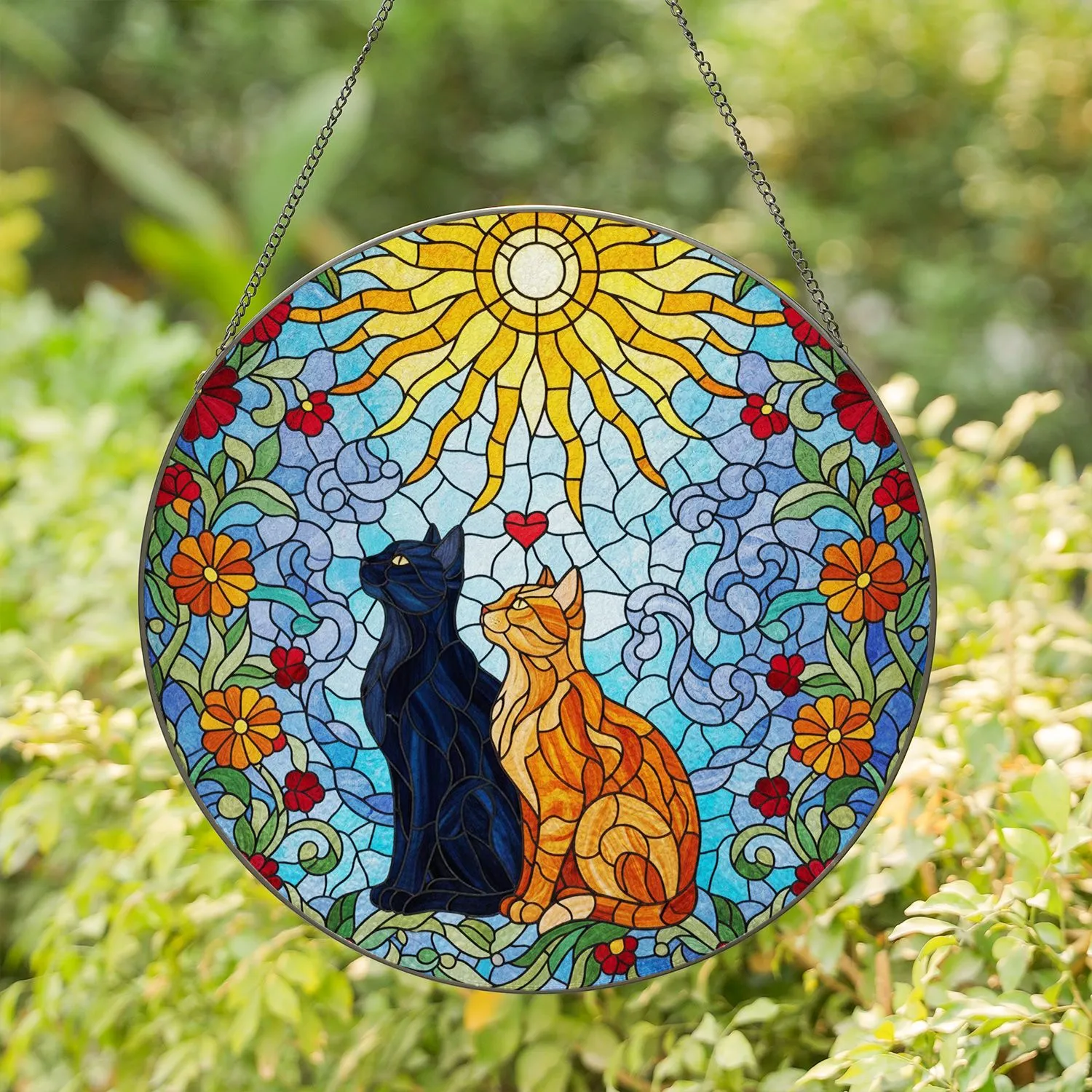 Black Cat Orange Tabby Tiffany Style Suncatcher, Radiant Sun & Flowers - Cat Lover Gift Stained Glass Suncatcher - 1