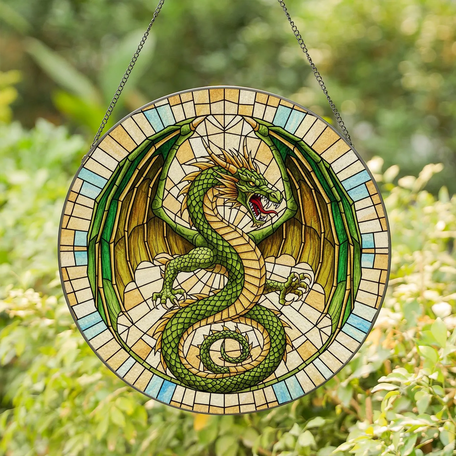 Majestic Emerald Dragon Stained Glass Tiffany Style Intricate Wings Mosaic Art Stained Glass Suncatcher - 1