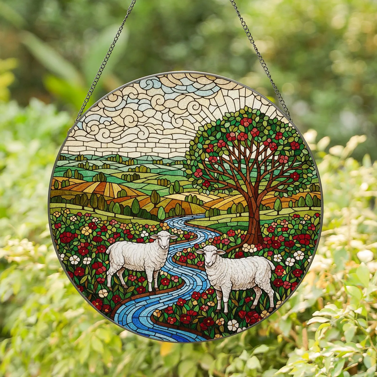 Two White Sheep Floral Field Verdant Tree Stream Tiffany Stained Glass Home Decor Art Stained Glass Suncatcher - 1