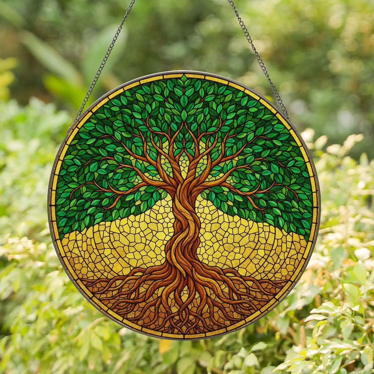 Tree of Life Stained Glass Art - Intricate Circular Mosaic with Glowing Jewel Tones Stained Glass Suncatcher - 1