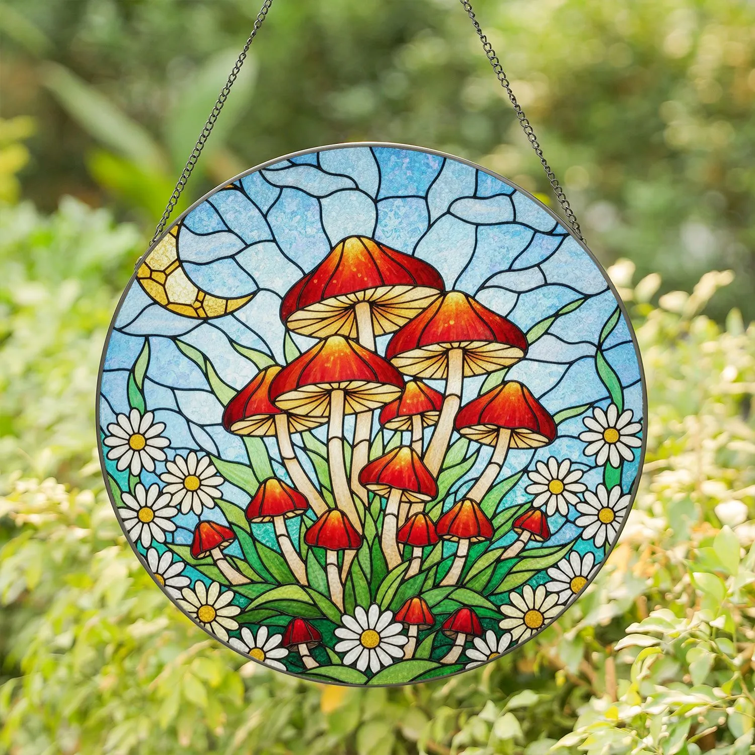 Fantastical Intricate Jewel Tone Mushroom Daisy Golden Moon Stained Glass Home Decor Gift Stained Glass Suncatcher - 1