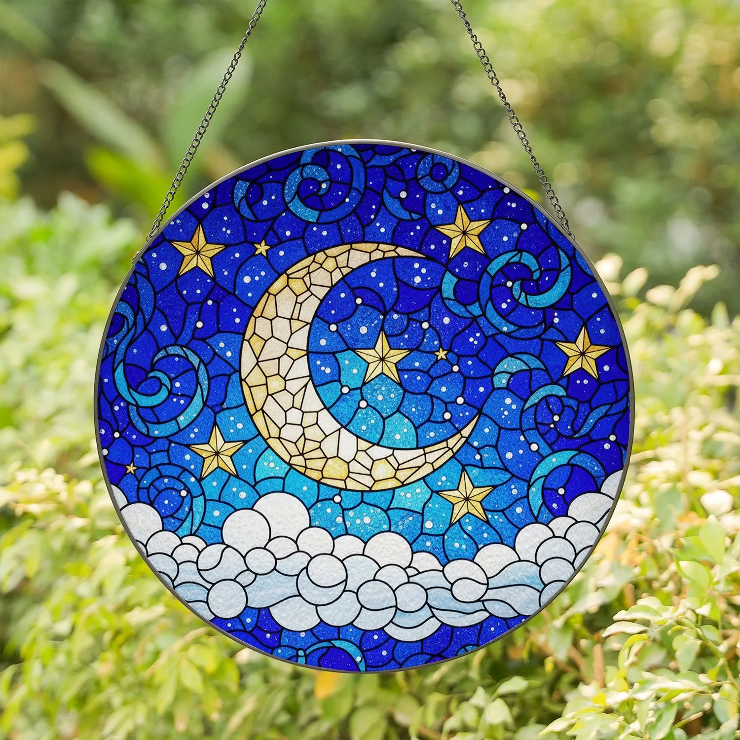 Upward Crescent Moon Golden Stars Starry Night Tiffany Stained Glass Decor Stained Glass Suncatcher - 1