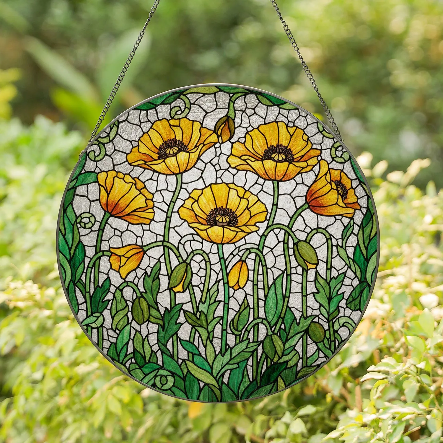 Golden Orange Poppies Stained Glass Art - Tiffany Style Floral Mosaic Window Decor Gift Stained Glass Suncatcher - 1