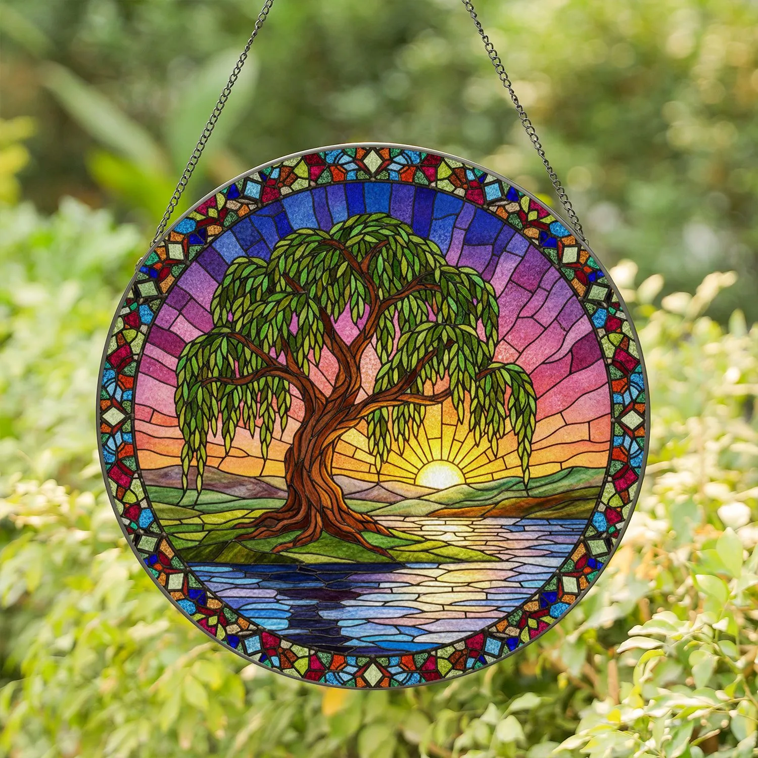Tiffany Style Intricate Willow Tree Stained Glass Sunset Hills - Nature Home Decor Stained Glass Suncatcher - 1