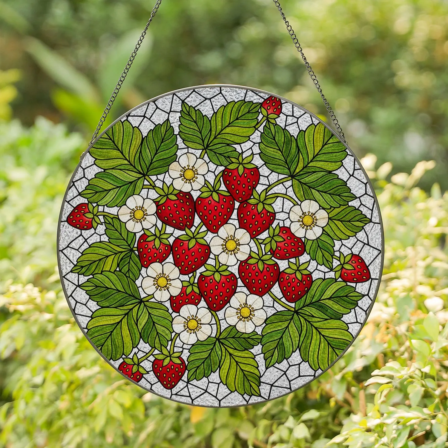 Tiffany Stained Glass Strawberry Blossom - Red Berries Green Leaf Intricate Mosaic Art Stained Glass Suncatcher - 1