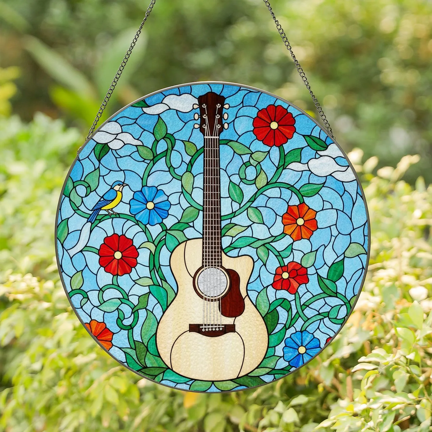 Cream Acoustic Guitar Tiffany Stained Glass - Vibrant Flower Bird Blue Sky Mosaic Art Stained Glass Suncatcher - 1