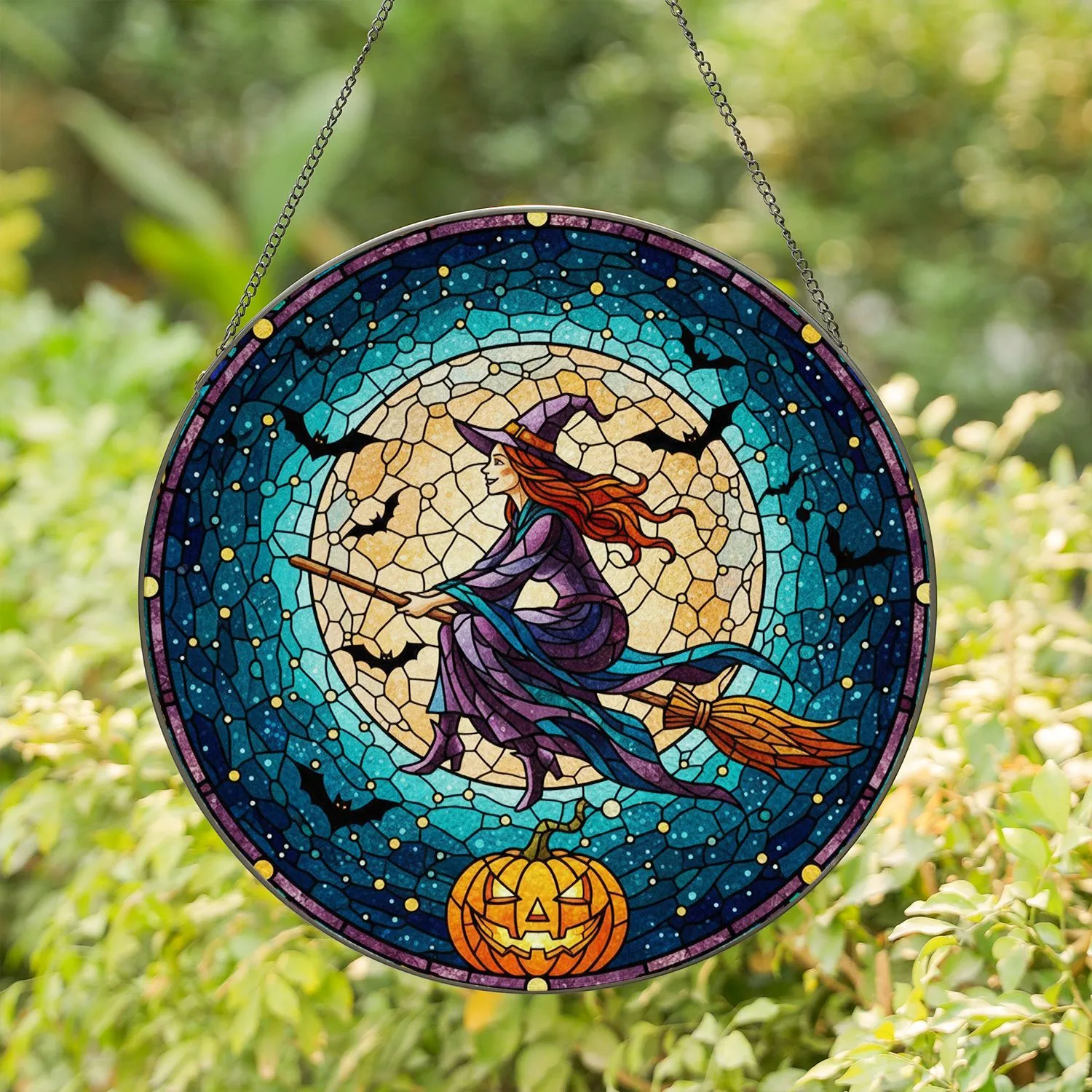 Flying Witch Full Moon Broomstick Stained Glass - Jack-O'-Lantern Bats Night Sky Stained Glass Suncatcher - 1