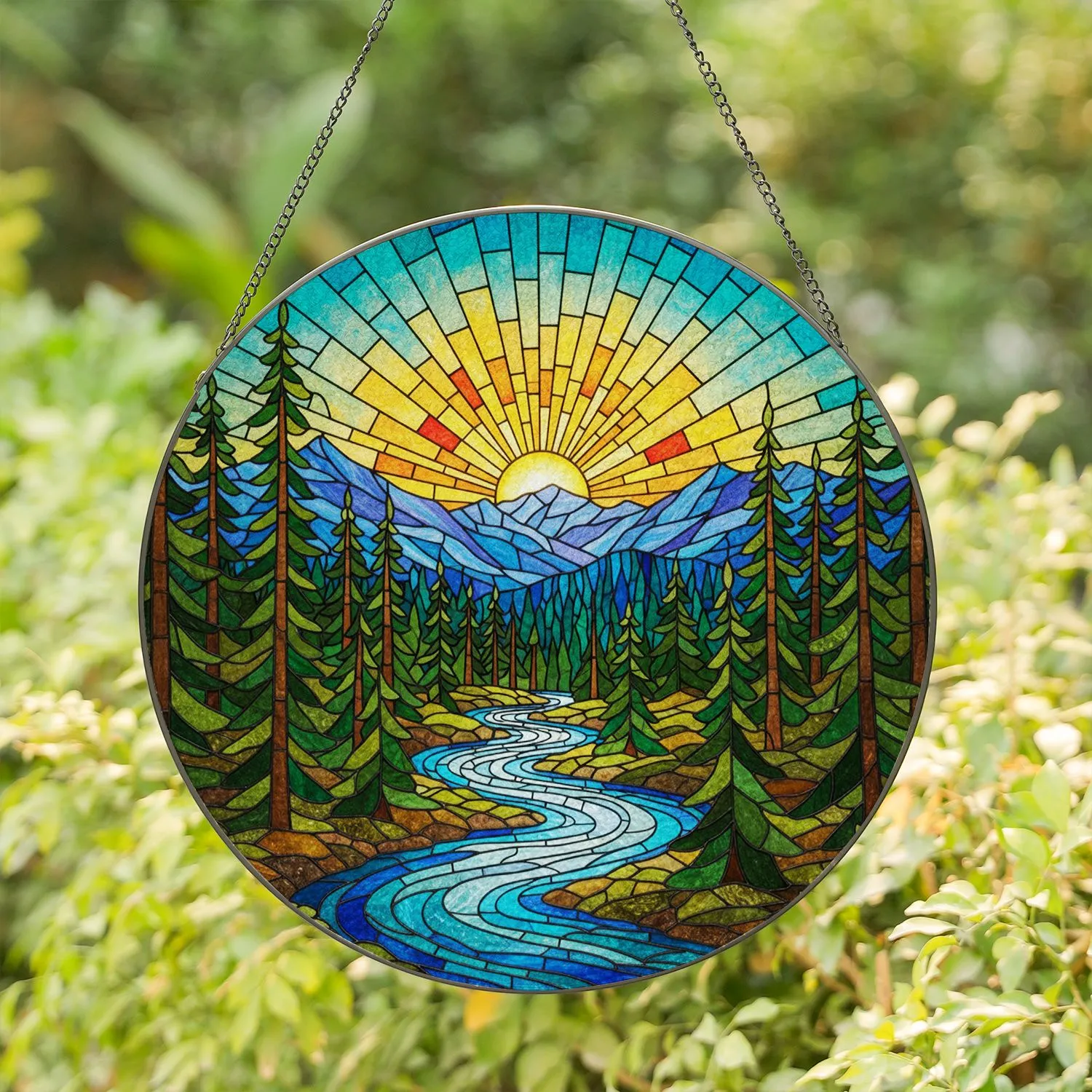 Glowing Mountain Forest River Stained Glass Art - Tiffany Style Jewel Tone Landscape Stained Glass Suncatcher - 1
