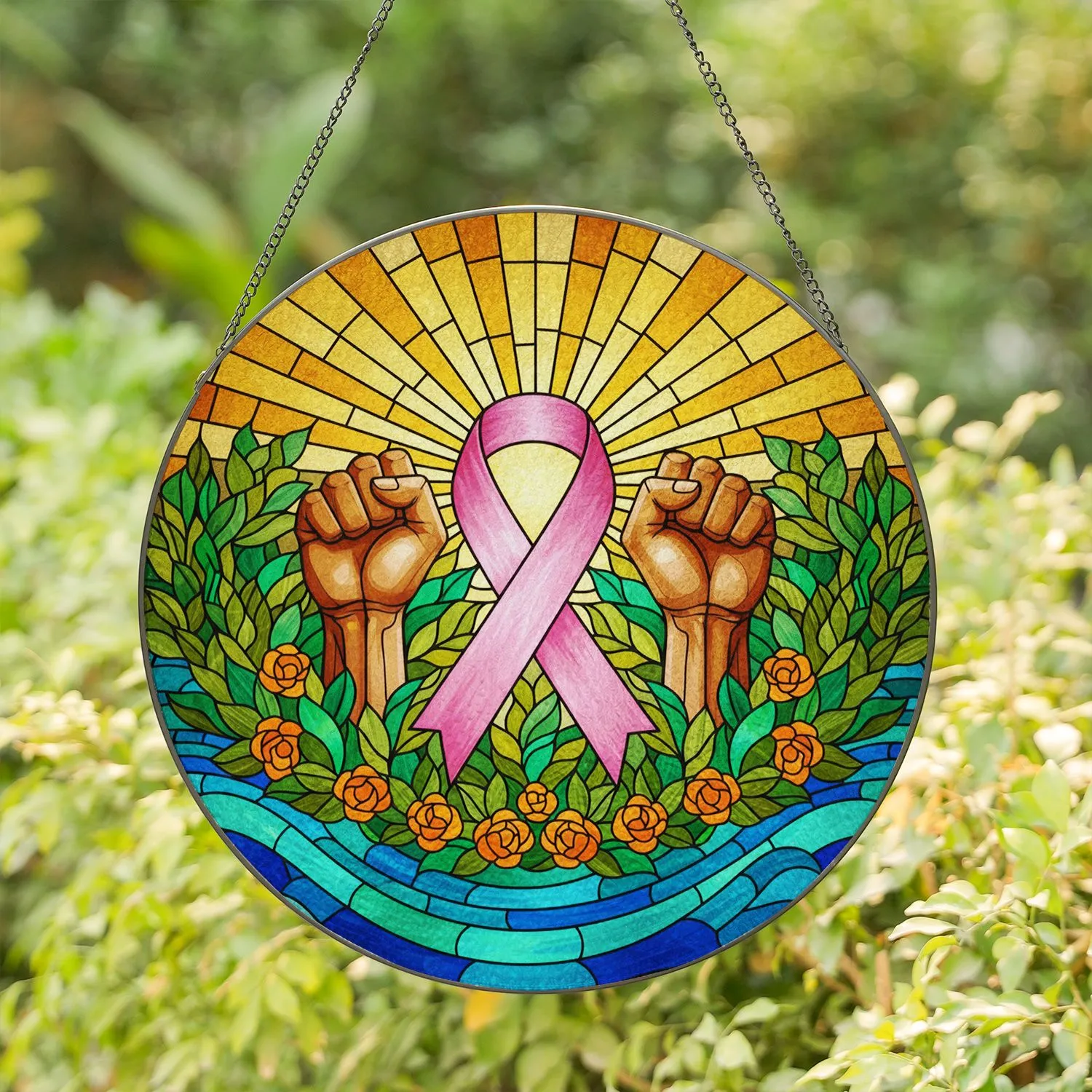 Pink Awareness Ribbon Clenched Fists Stained Glass Art - Hope & Strength Mosaic Design Stained Glass Suncatcher - 1