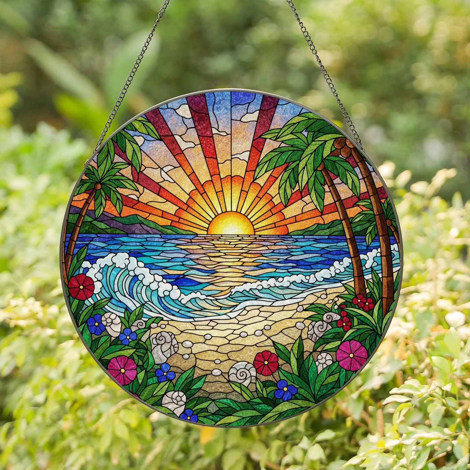 Stained Glass Ocean Sunset Sun Rays Palm Tree Tropical Beach Seashells Home Decor Stained Glass Suncatcher - 1