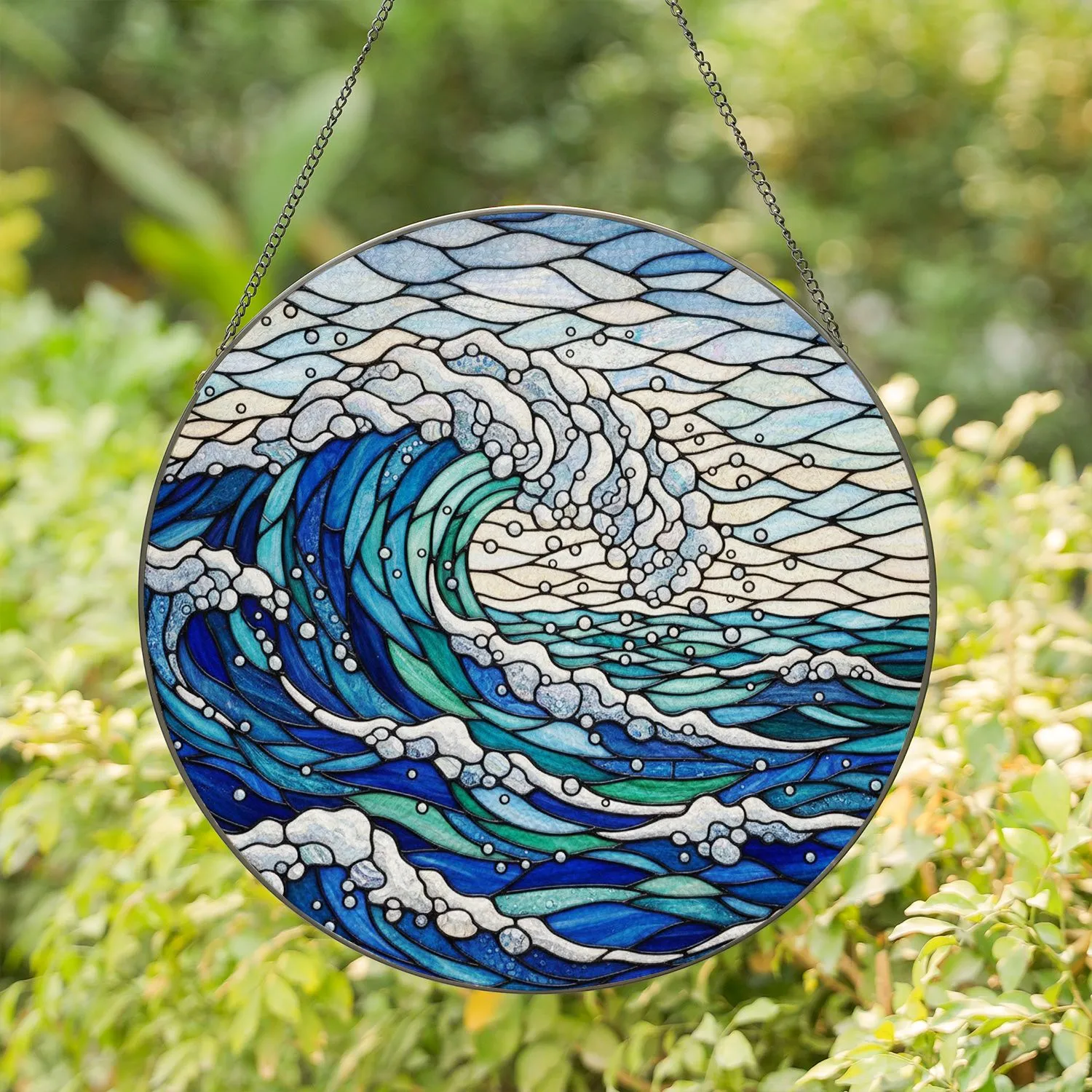 Curling Ocean Wave Crashing Foam Tiffany Glass - Deep Blue Turquoise Aqua Jewel Tone Stained Glass Suncatcher - 1