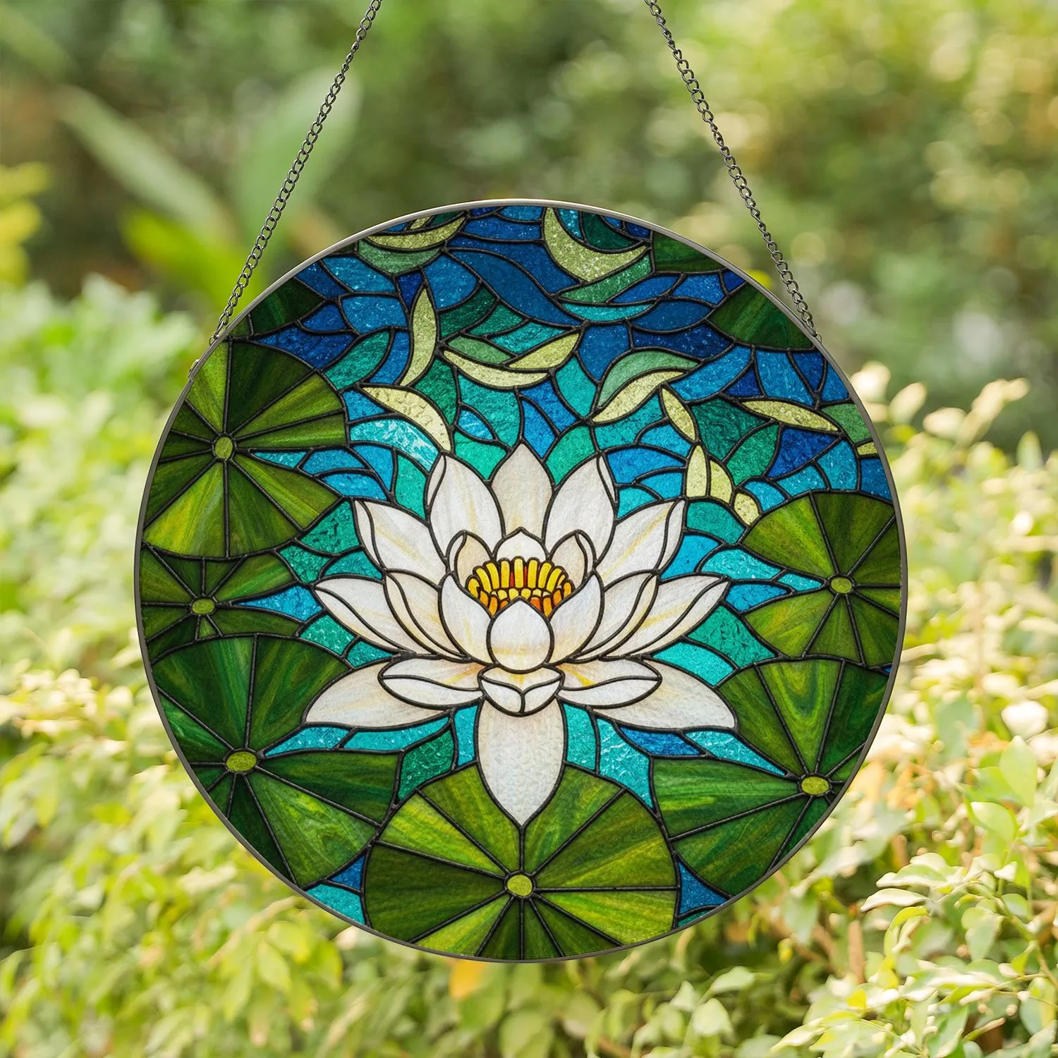 Stained Glass White Water Lily & Lily Pads - Tiffany Style Shimmering Water Pond Art Stained Glass Suncatcher - 1