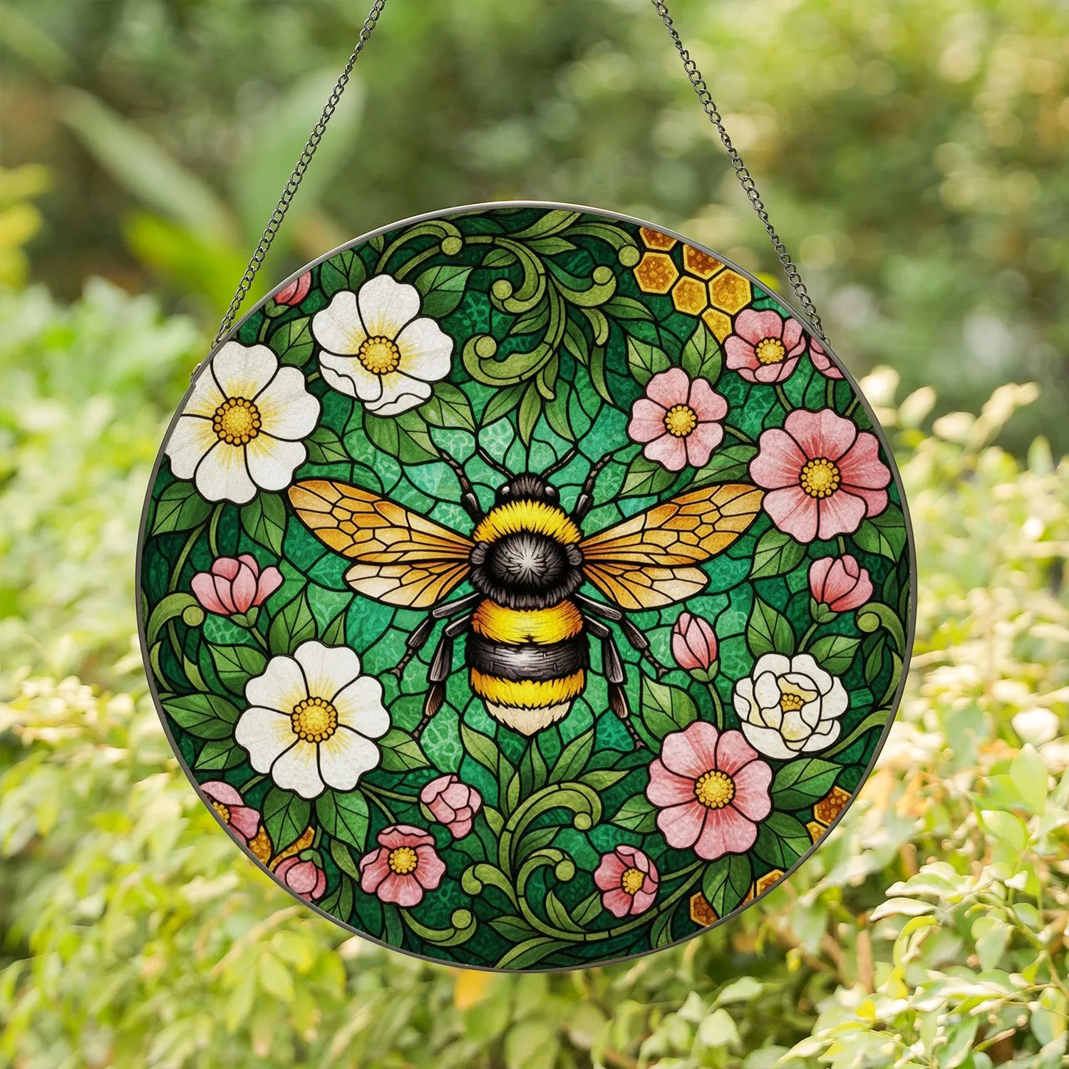 Bumblebee Stained Glass Flowers Honeycomb - Tiffany Style Nature Window Art Decor Stained Glass Suncatcher - 1
