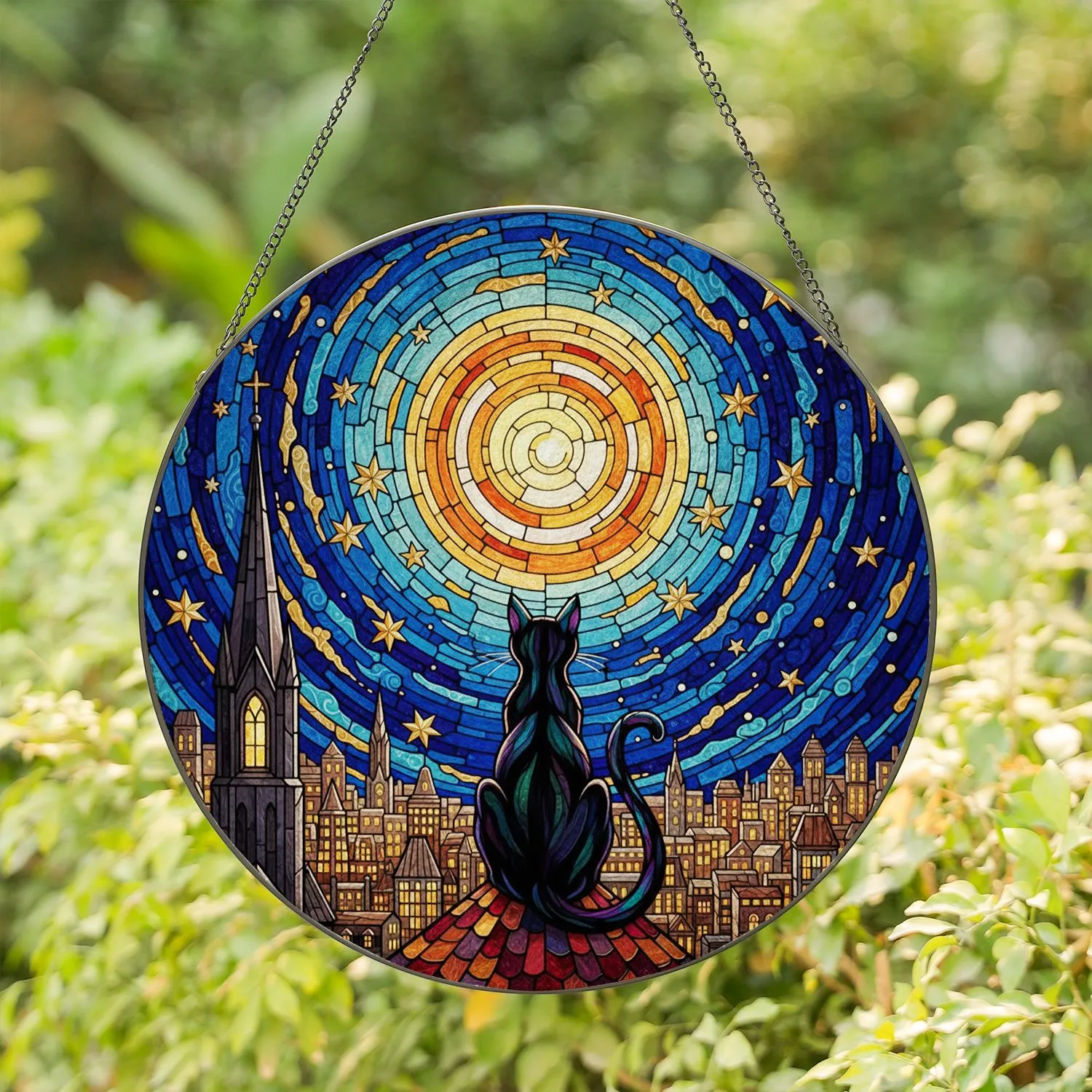 Black Cat Moon Stars Cityscape - Swirling Night Sky Glowing Windows Church Spire Stained Glass Suncatcher - 1