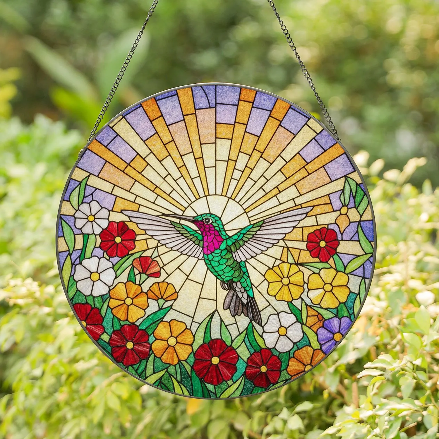 Hummingbird In-Flight Stained Glass Art, Flowers & Sunrays Sky Mosaic – Tiffany Style Decor Stained Glass Suncatcher - 1