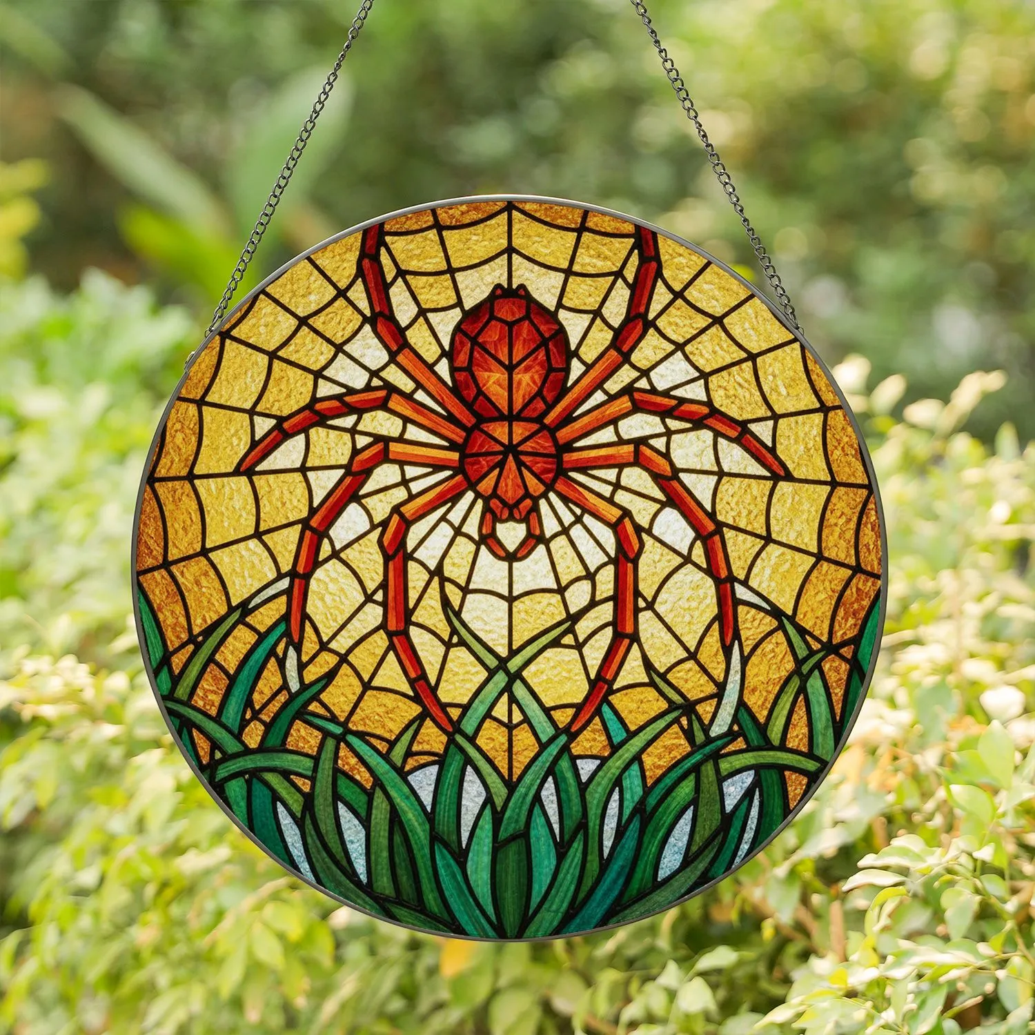 Reddish Brown Spider Stained Glass Spider Web Amber Yellow Teal Green Stained Glass Suncatcher - 1