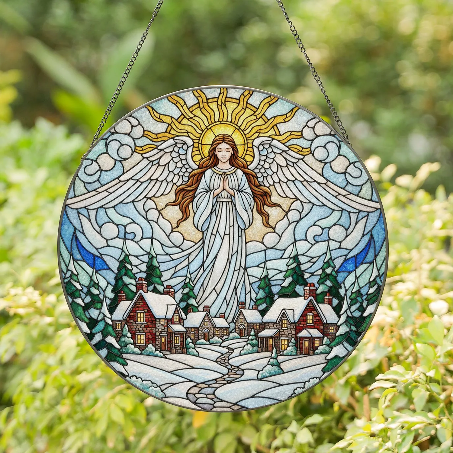 Angel Halo Sun Pine Trees Prayer Snow Village Winter Scene - Christmas Holiday Gift Stained Glass Suncatcher - 1