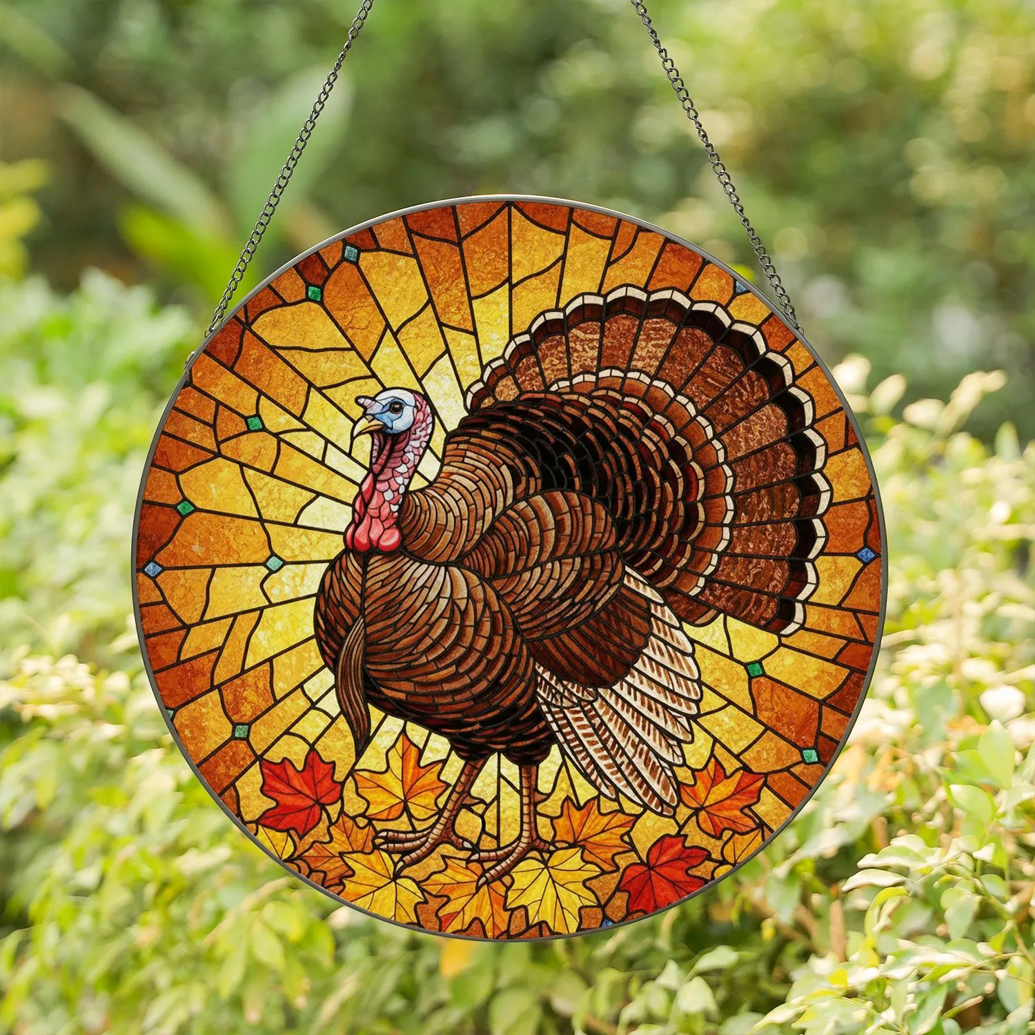 Wild Turkey Fanned Tail Autumn Leaves Tiffany Stained Glass Radiant Sunburst Mosaic Stained Glass Suncatcher - 1