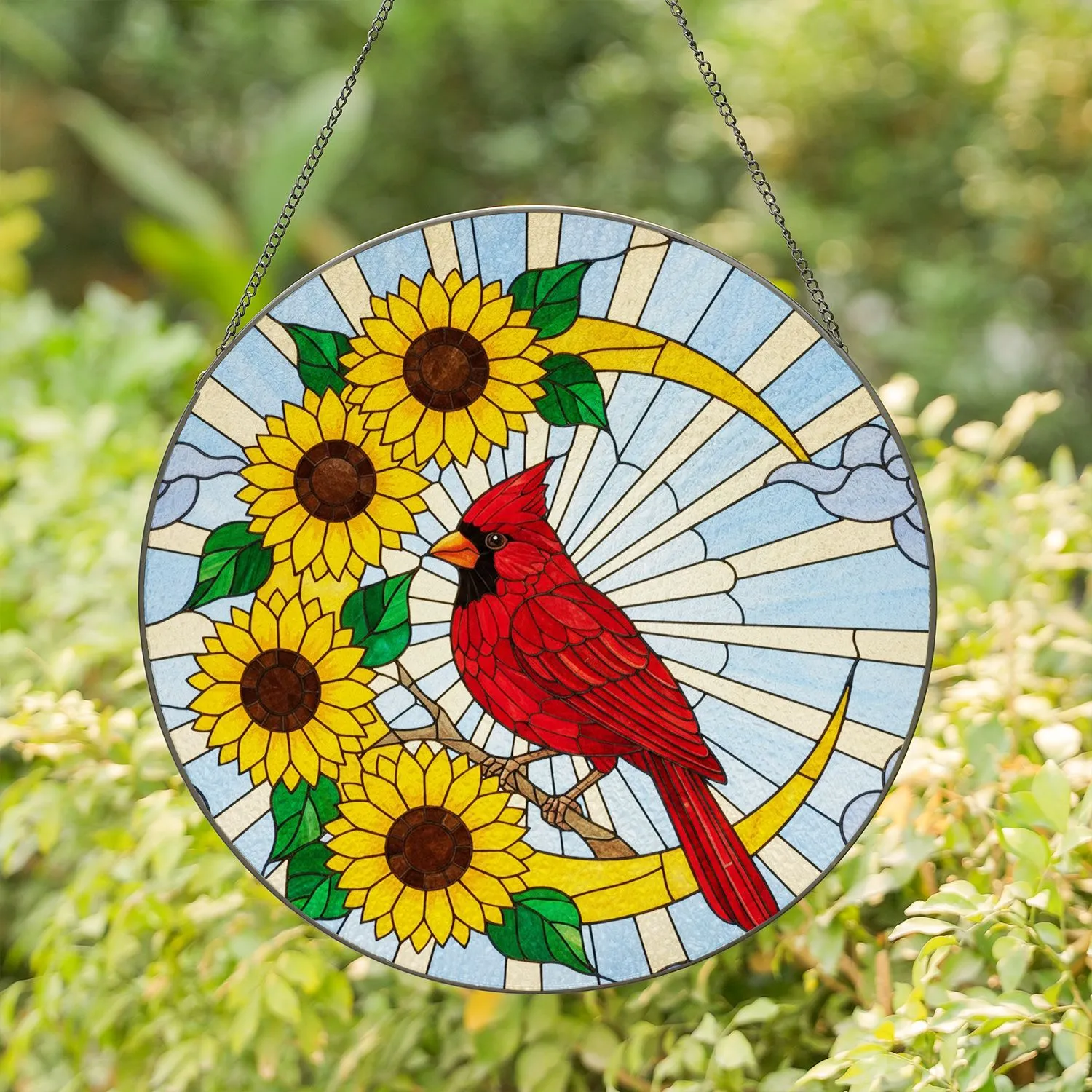 Vibrant Red Cardinal Sunflowers Crescent Moon Tiffany Stained Glass Mosaic Sky Art Stained Glass Suncatcher - 1