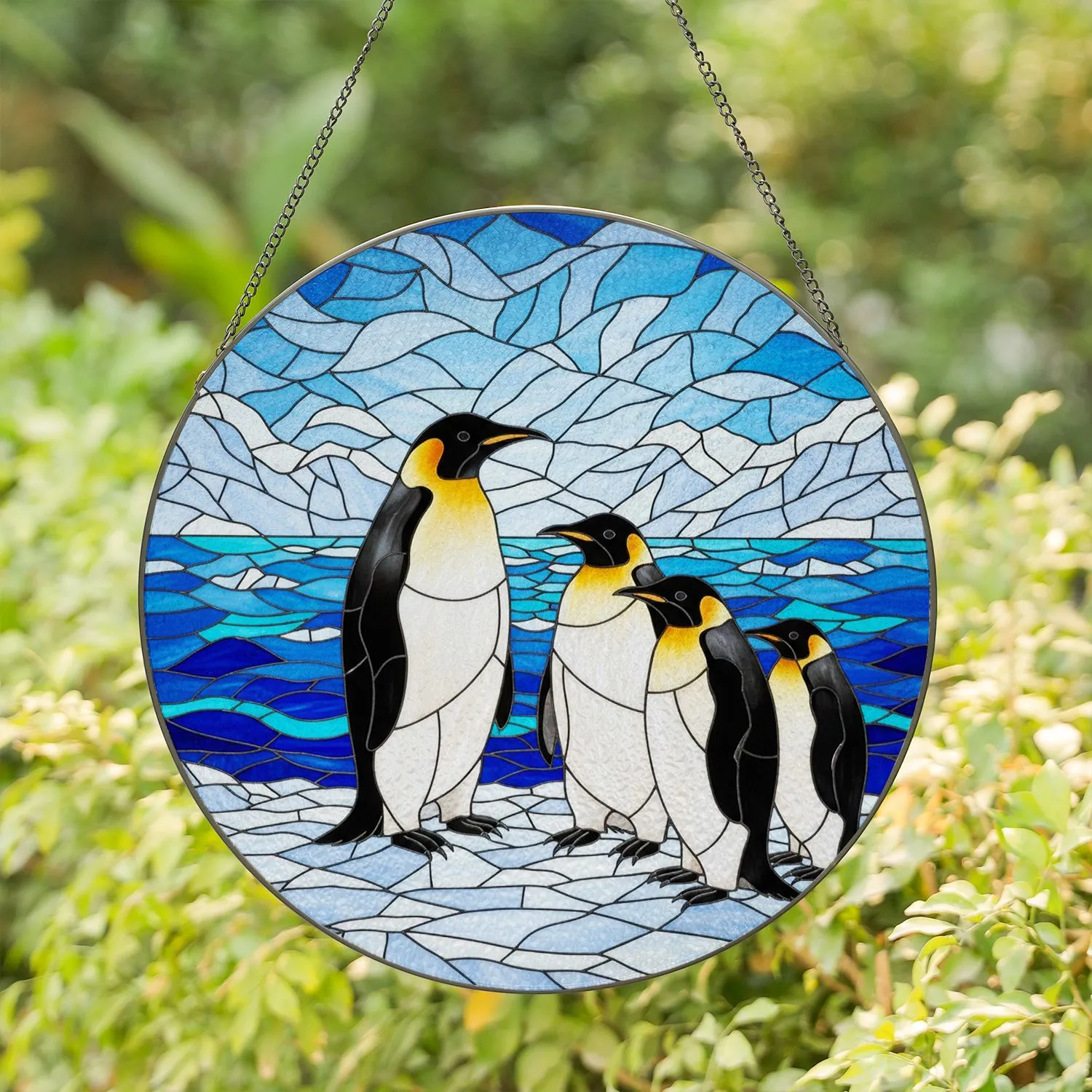 Emperor Penguins Stained Glass Mosaic - Glacier Ice Water Ocean Tiffany Decor Stained Glass Suncatcher - 1