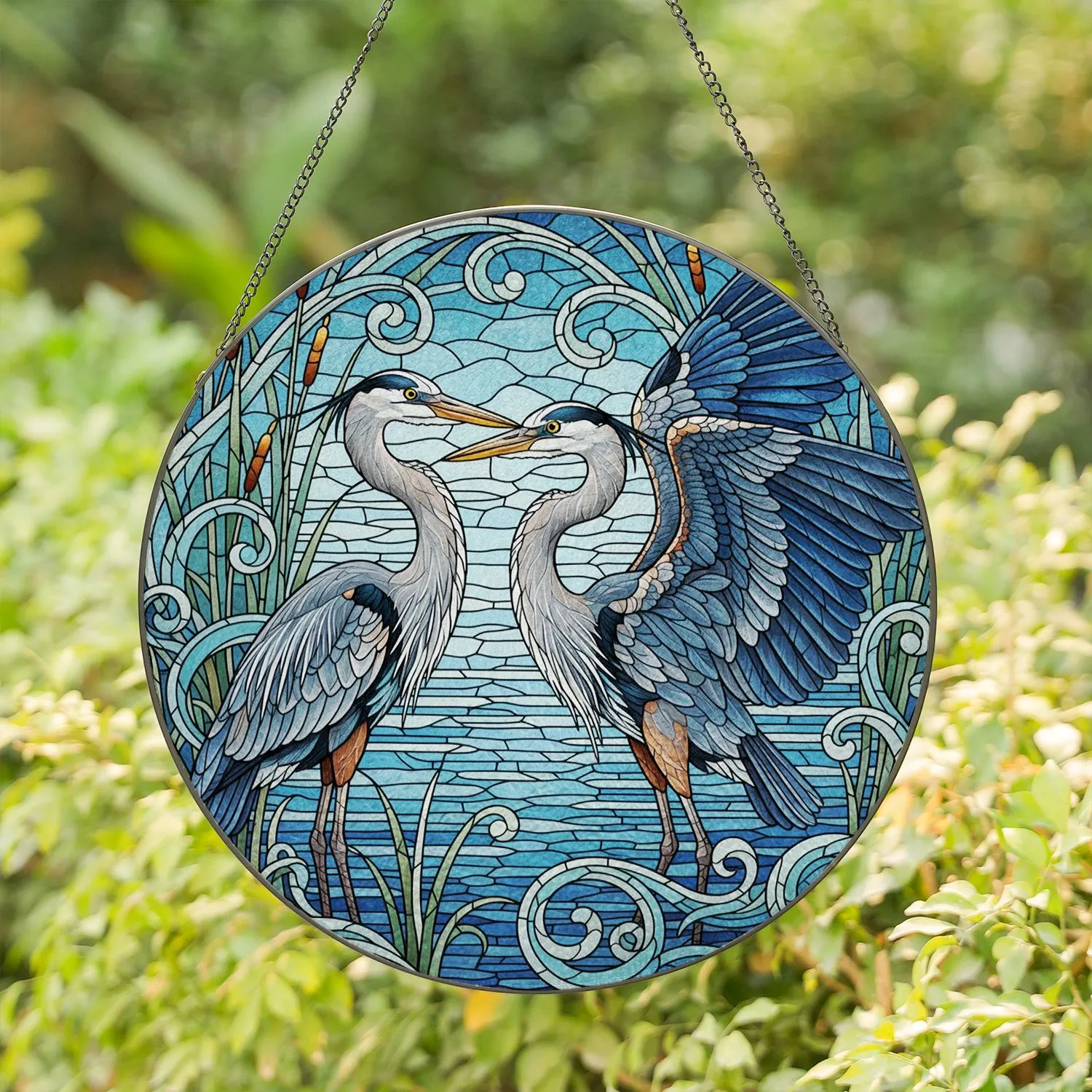 Great Blue Herons Facing Stained Glass Mosaic - Tiffany Style Marshland Water Stained Glass Suncatcher - 1