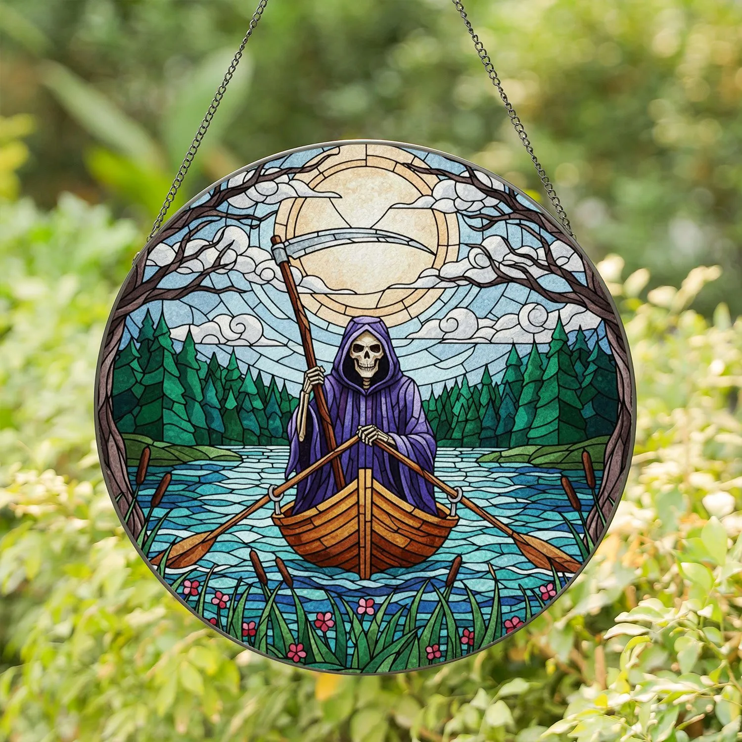 Grim Reaper Skeletal Scythe Rowboat - Full Moon Evergreen Forest Tiffany Stained Glass Look Stained Glass Suncatcher - 1