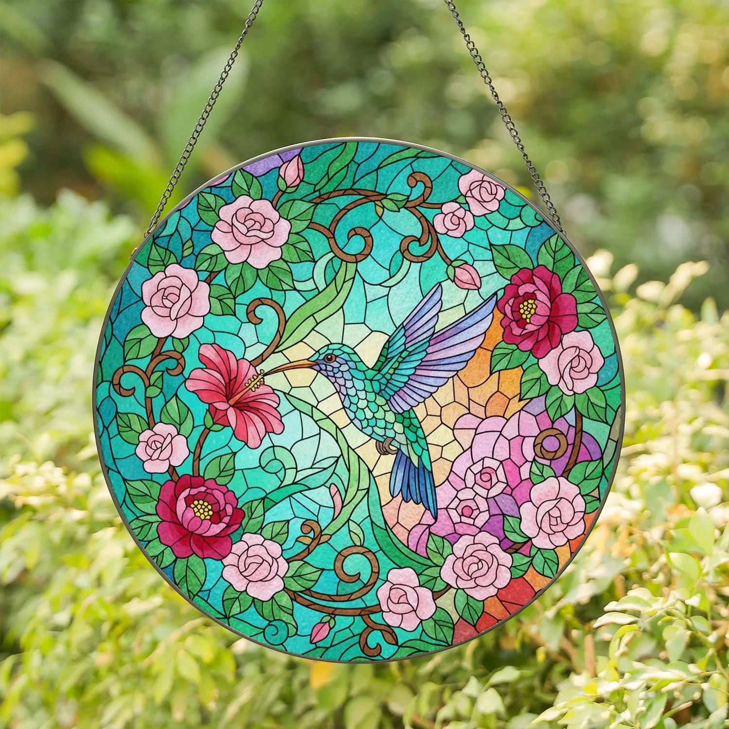 Mid-Flight Hummingbird Blossom Stained Glass Flowers Mosaic - Tiffany Style Garden Decor Gift Stained Glass Suncatcher - 1