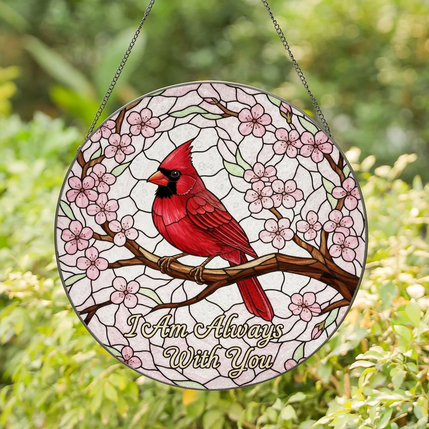 Red Cardinal Bird Cherry Blossom Stained Glass - 'I Am Always With You' Sympathy Gift Stained Glass Suncatcher - 1