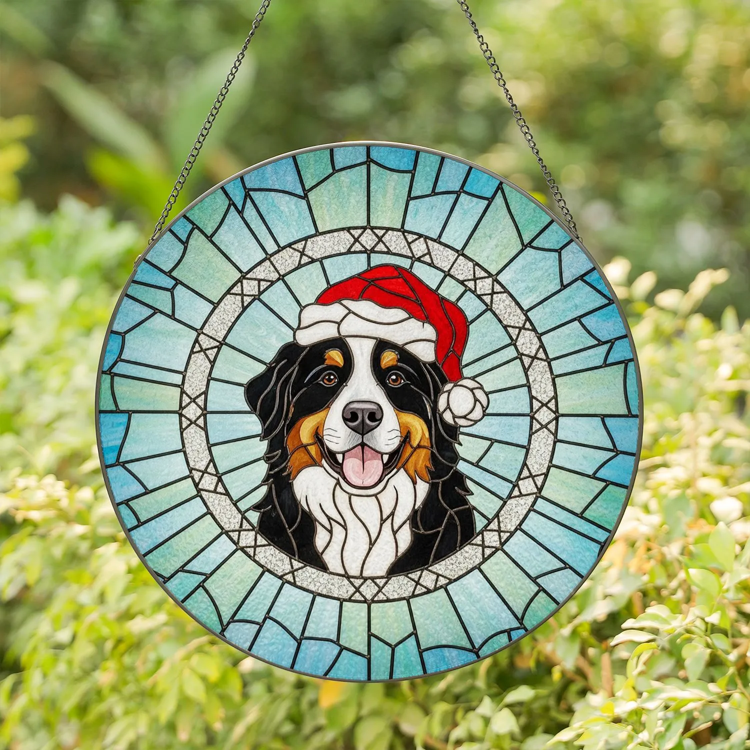 Bernese Mountain Dog Santa Hat - Tiffany Stained Glass Christmas Holiday Gift for Dog Lovers Stained Glass Suncatcher - 1